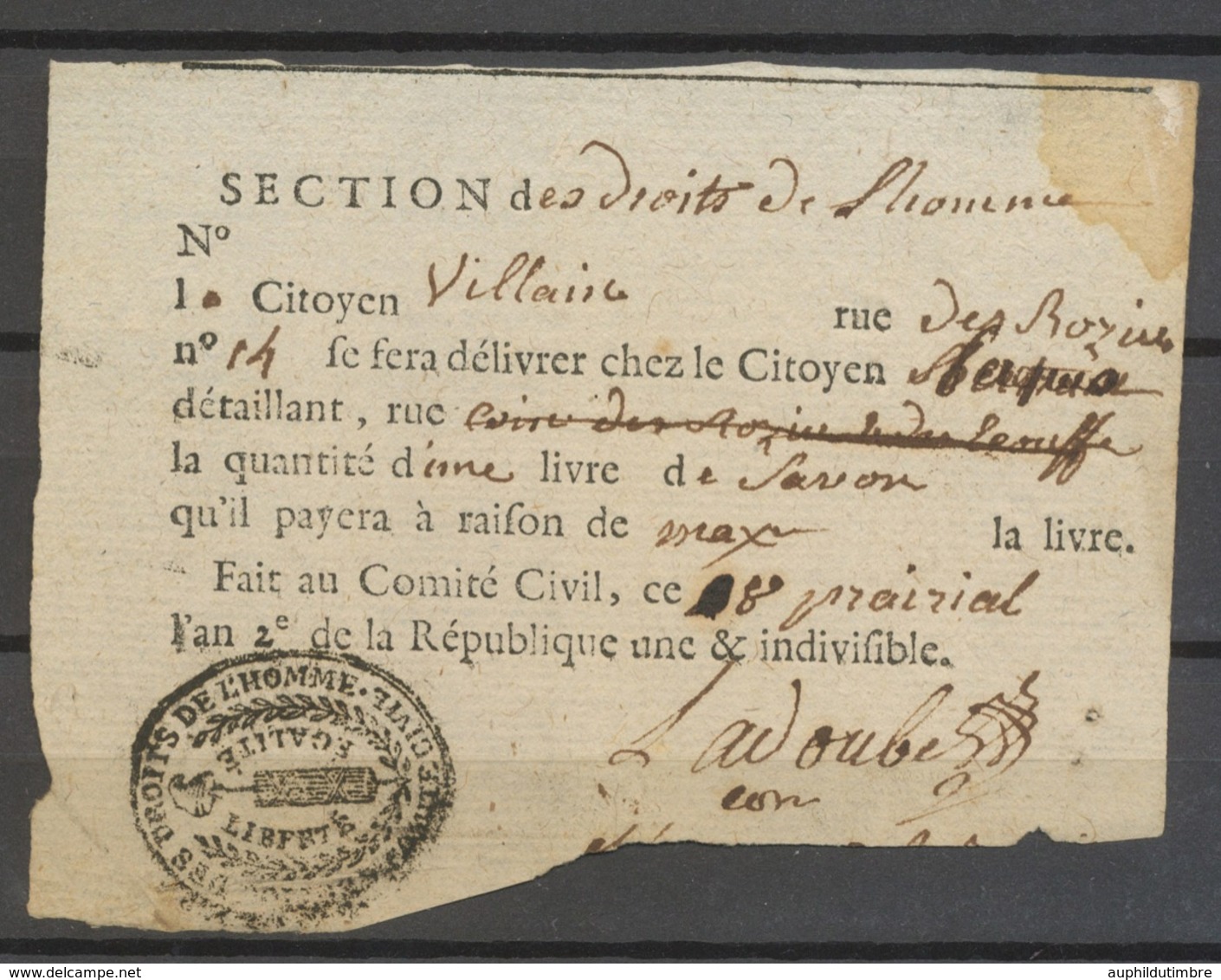 An 2 Lettre SECTION DES DROITS DE L'HOMME, Cachet Sur Bon Pour Du Savon X4916 - 1701-1800: Vorläufer XVIII