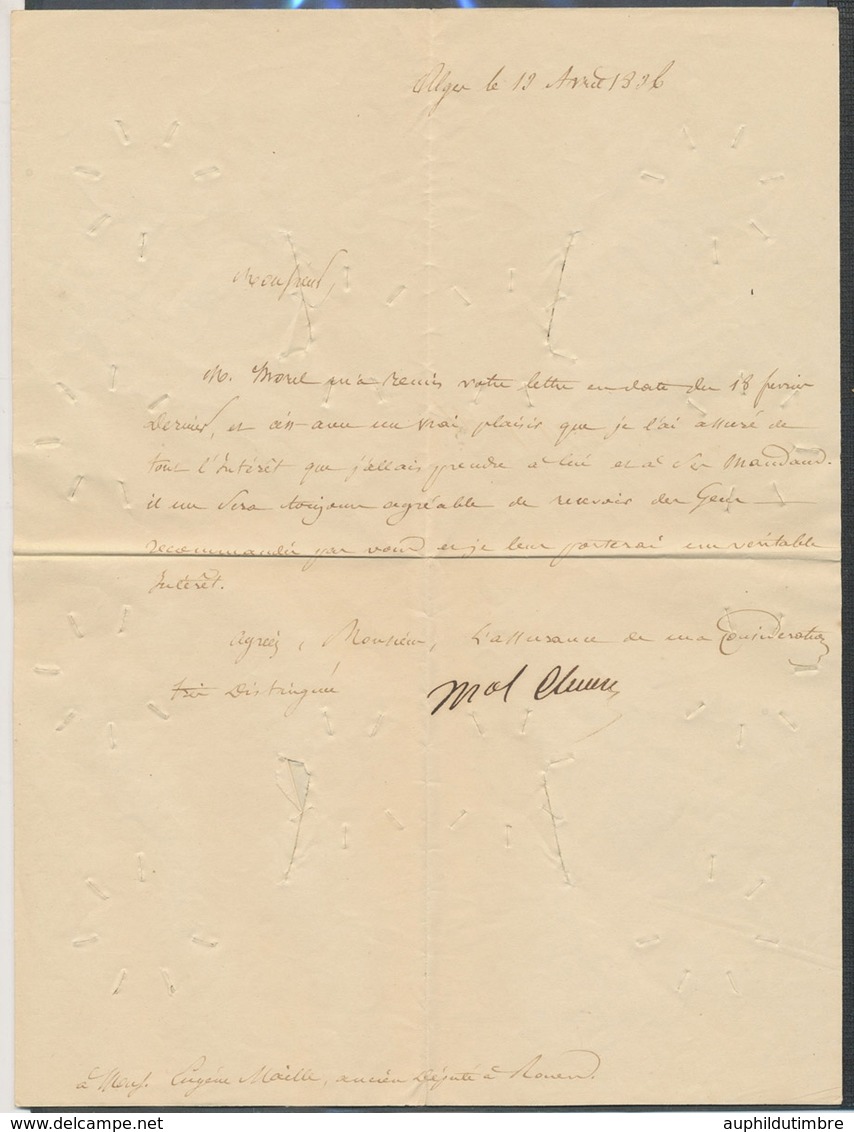 1836 Alger Lettre Signée Mal Cluzel, Entailles De Purification, Superbe X4921 - 1801-1848: Précurseurs XIX