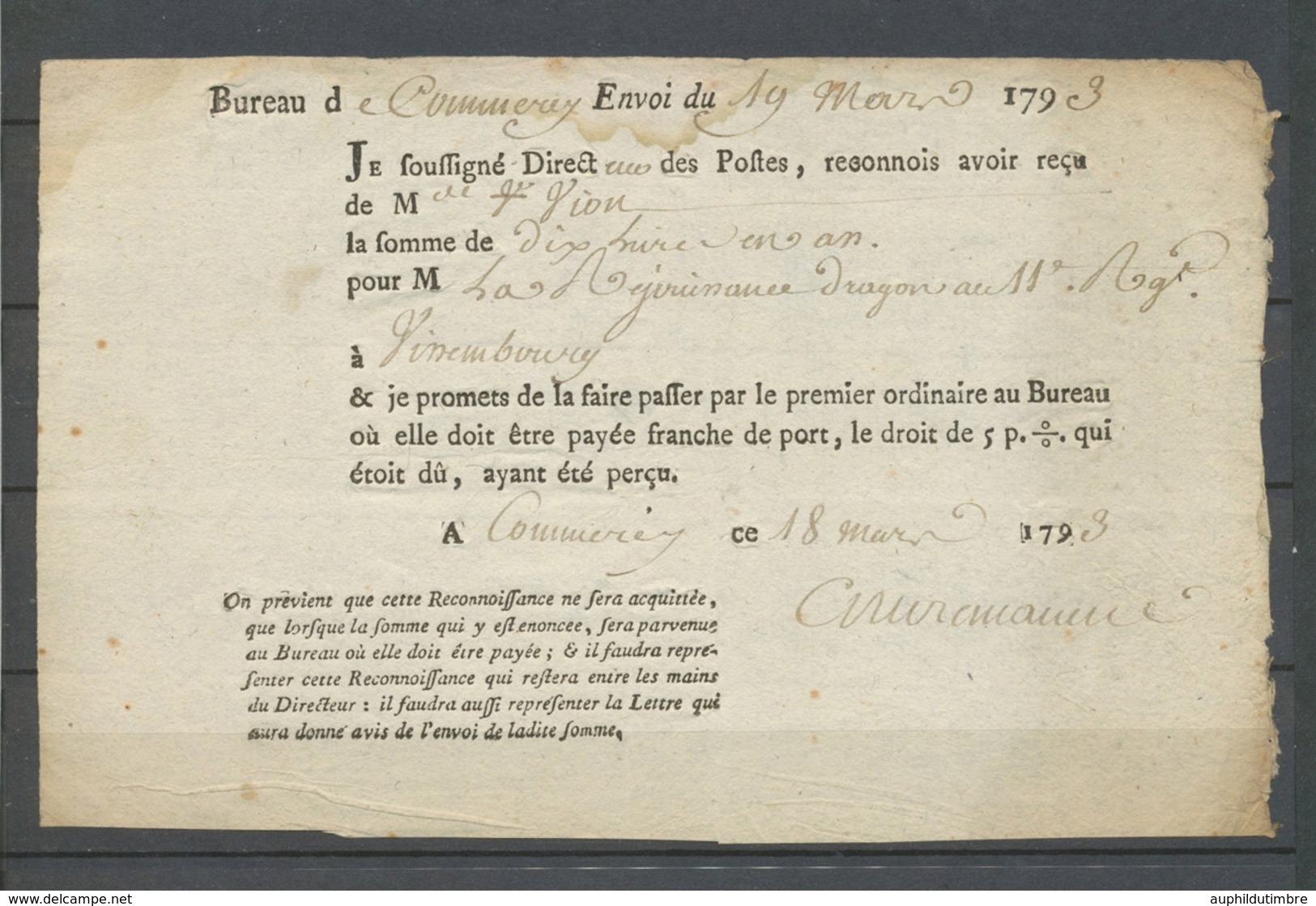 1793 POSTES, Reçu De 10 Livres Pour Wissembourg, De Commercy, Rare X4932 - 1701-1800: Precursori XVIII
