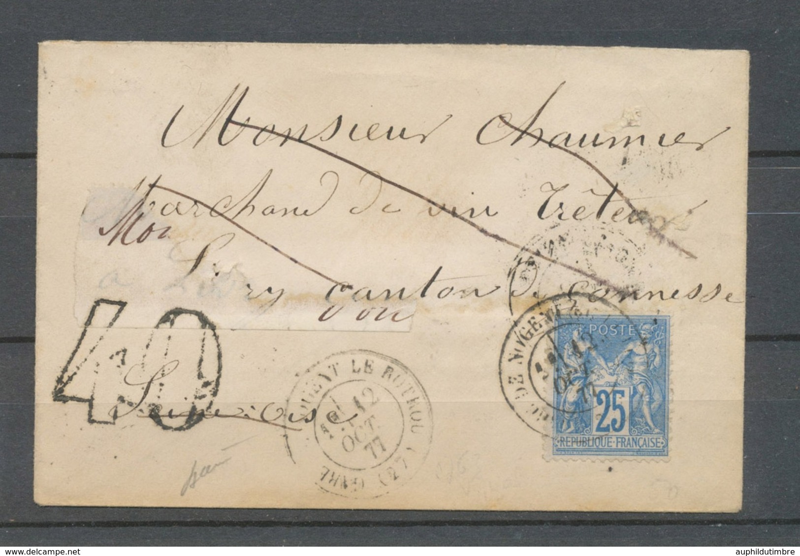 1877 Env. Sage 25c Bleu Obl Nogent-le-Rotrou, Taxe 40 Dt Pour Réexpédition X4933 - 1859-1959 Covers & Documents