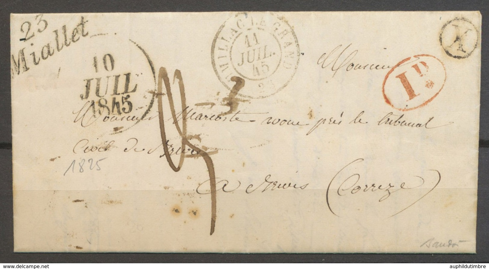 1845 Lettre 23/MIALLET + C 15 + Dateur A + 1d + X : Coutumier, Rare, Sup X5059 - 1801-1848: Voorlopers XIX