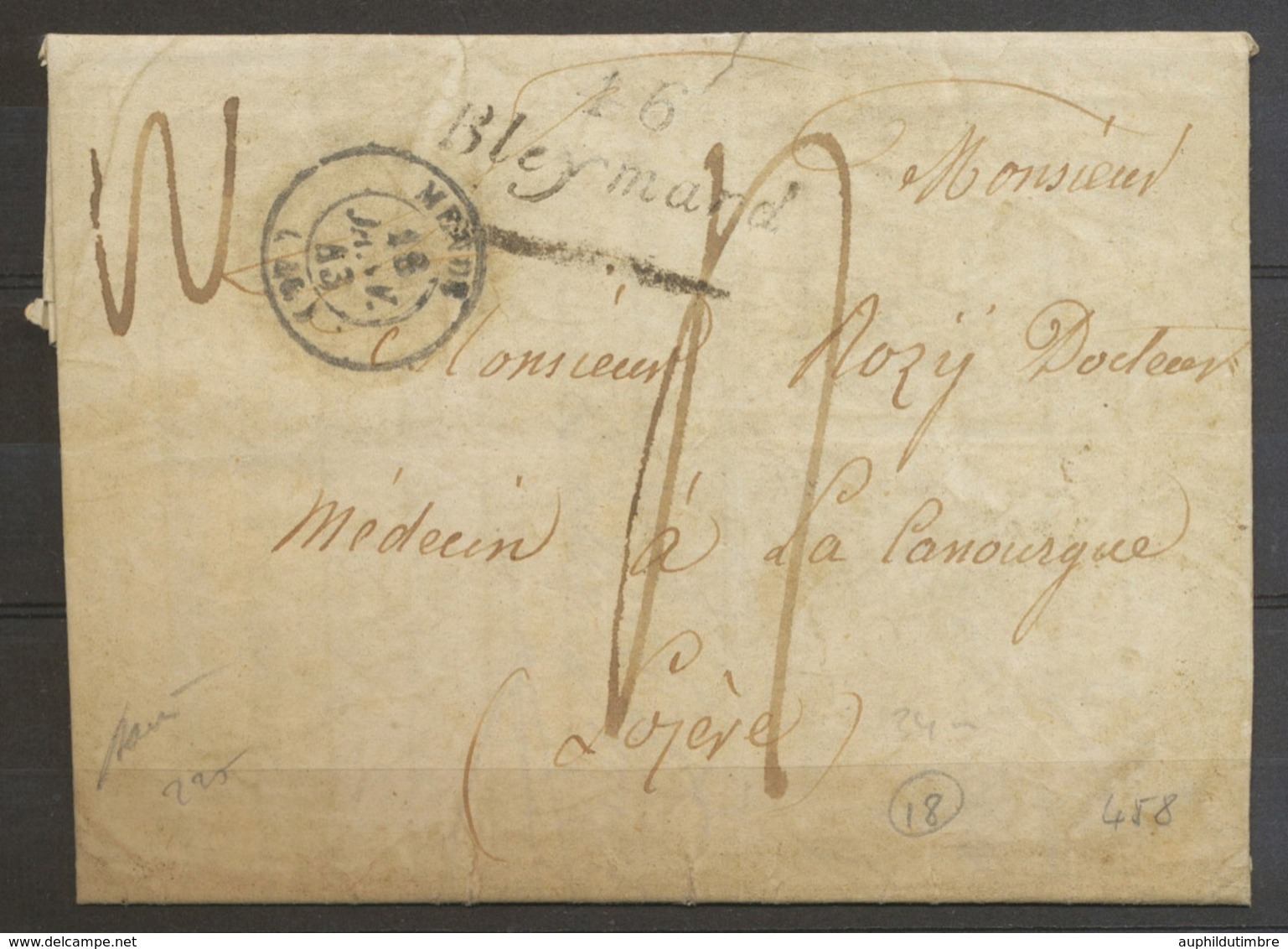 1843 Lettre Marque LOZERE, 46/Bleymard, 34 Mm + C 15 Mende, TB X5068 - 1801-1848: Précurseurs XIX