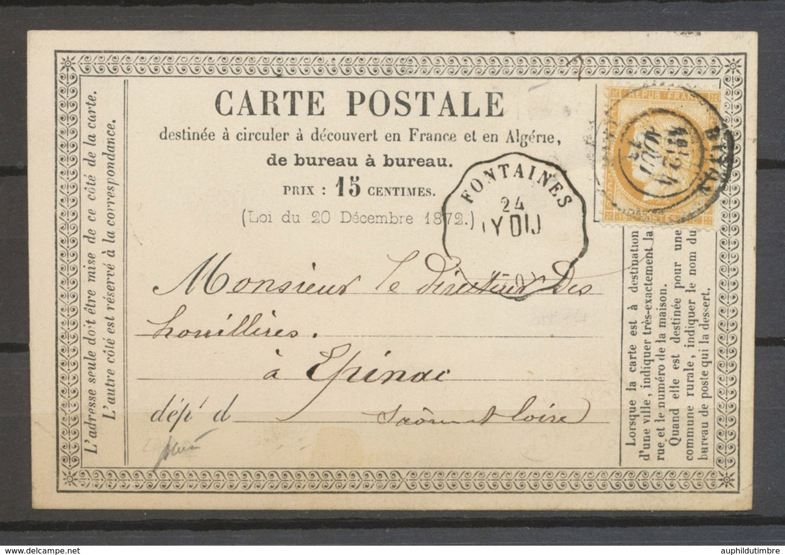 1873 CP Fontaines (LY-DIJ) Conv.-station + C 17 Dijon S/59 Superbe X5083 - 1849-1876: Classic Period