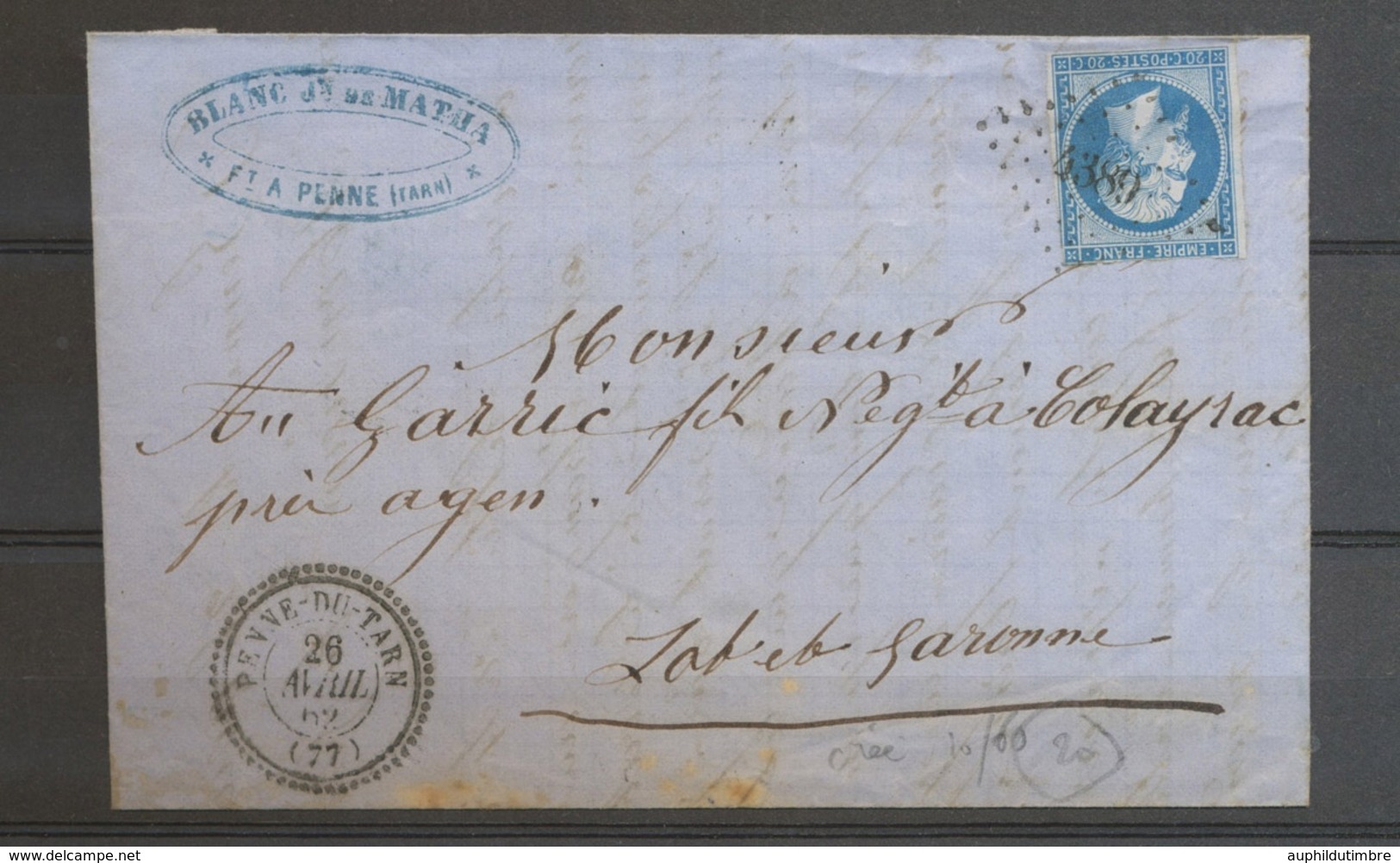 1862 Lettre Penne-du-Tarn PC 4389 S/14 + C 22 Durée 26 Mois, Ind 20 Sup X5086 - 1849-1876: Periodo Clásico