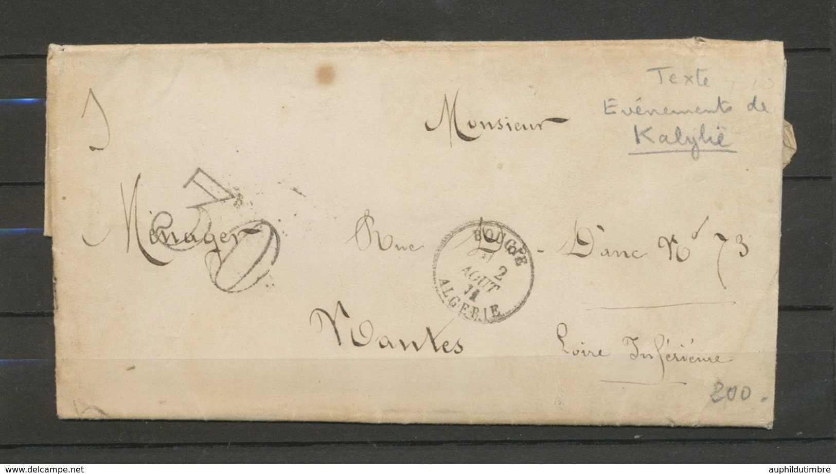 1871 Lettre ALGERIE Bougie C 16 + 30dt Texte Sur évènements KABYLIE SUP X5091 - 1849-1876: Periodo Clásico