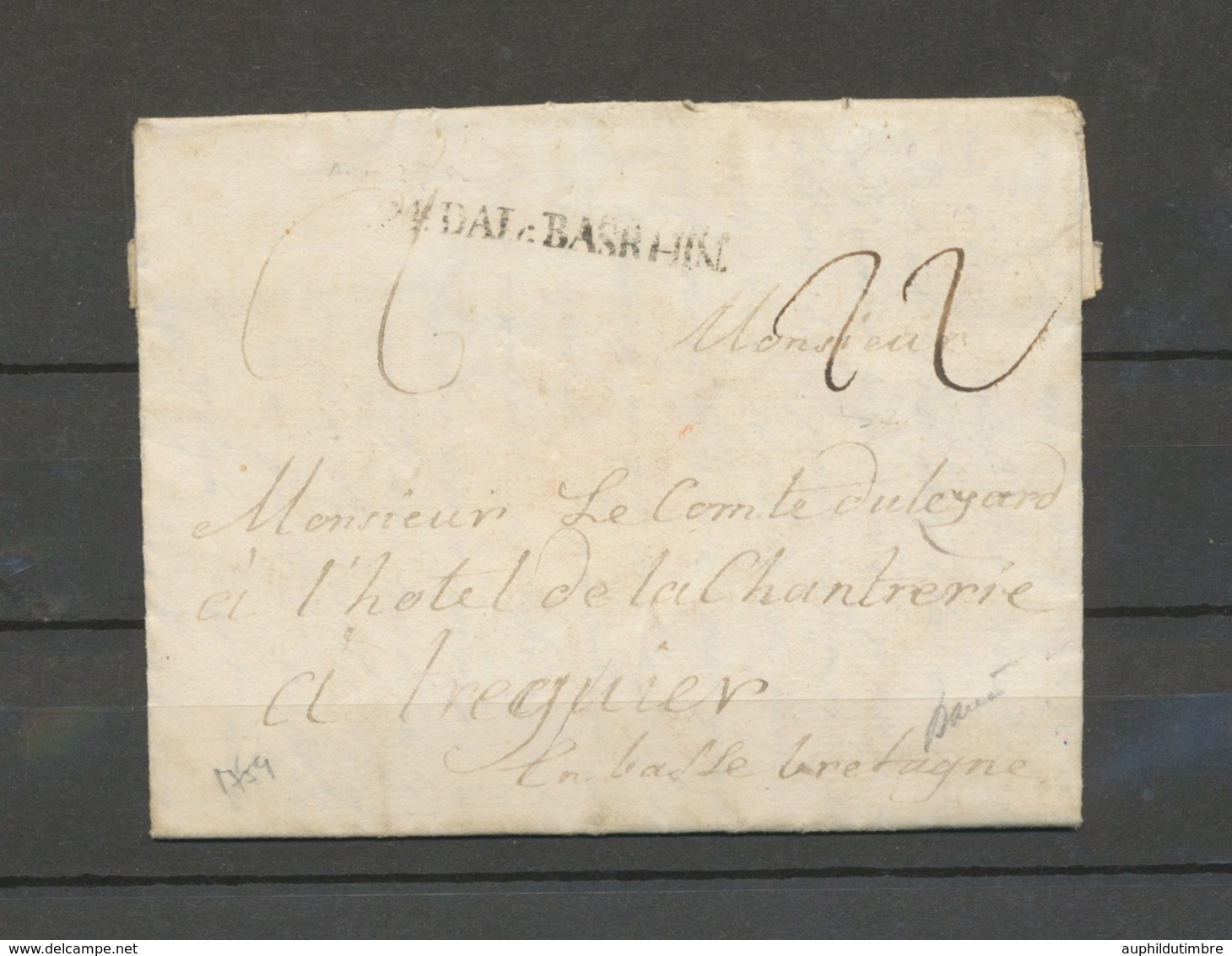 1759 Lettre ARM DAL : BASRHIN "au Camp De Clinlines" Guerre De 7 Ans Rare X5093 - Legerstempels (voor 1900)