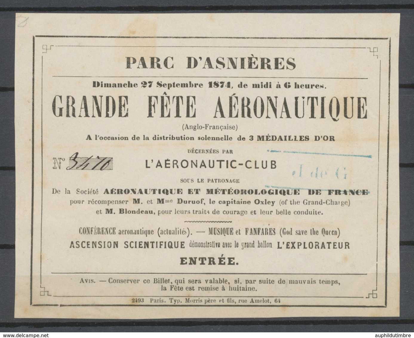 1874 Rare Billet D'entrée à La Fête Aéronautique Au Parc D'Asnières, SUP X5150 - 1960-.... Brieven & Documenten