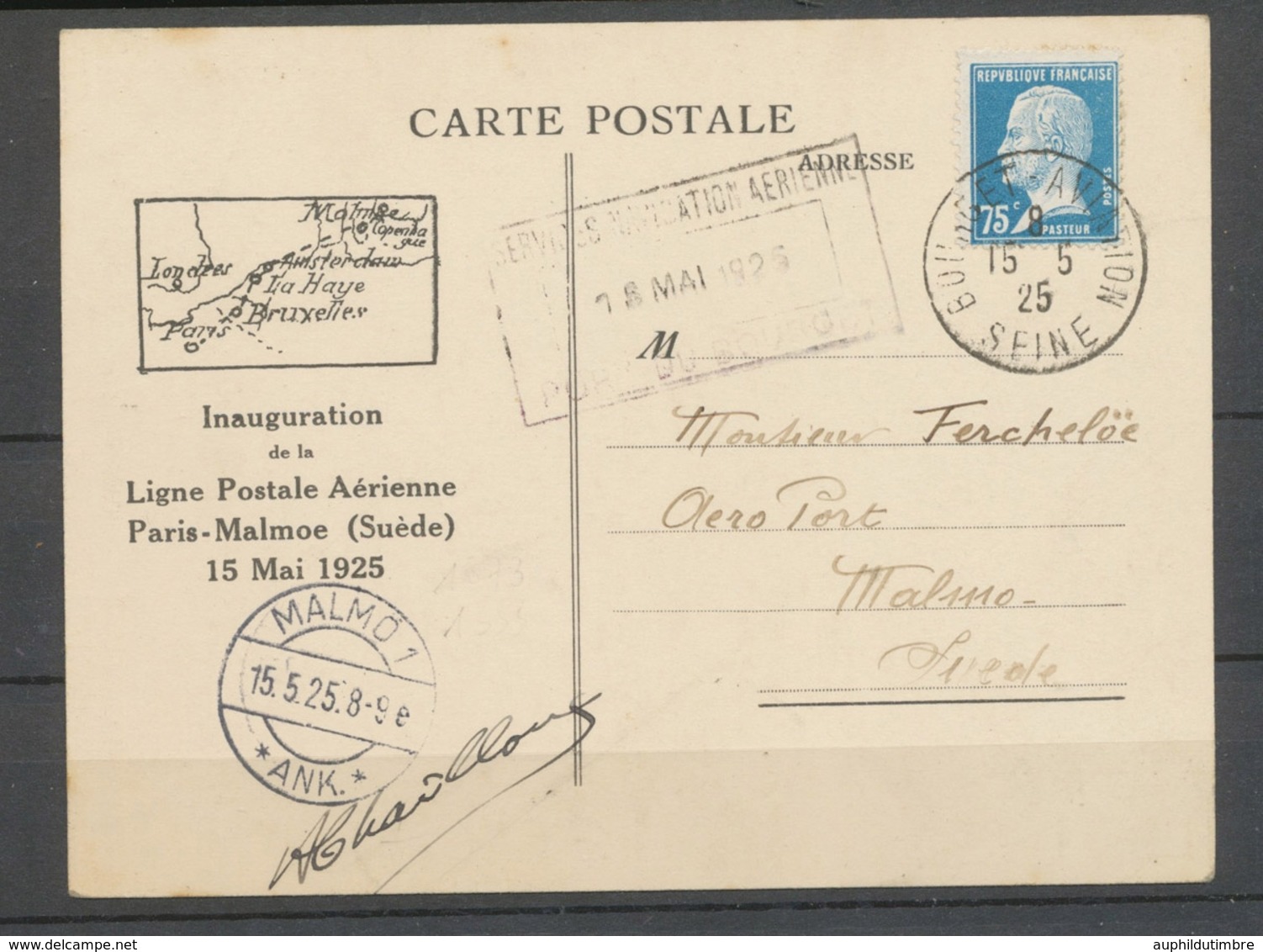 1925 CP PARIS-MALMOE, Signée CHAILLOUX Le Pilote (75c Pasteur) Superbe X5166 - 1960-.... Briefe & Dokumente