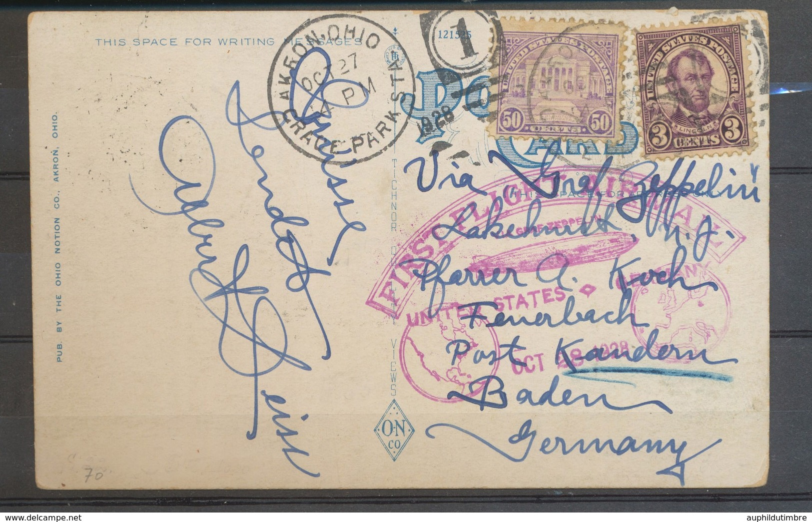 1927 CP USA 50c+3c "Via Graf Zeppelin", Càd AKEON-OHIO/CRACE-PARK-STA X5170 - 1c. 1918-1940 Lettres