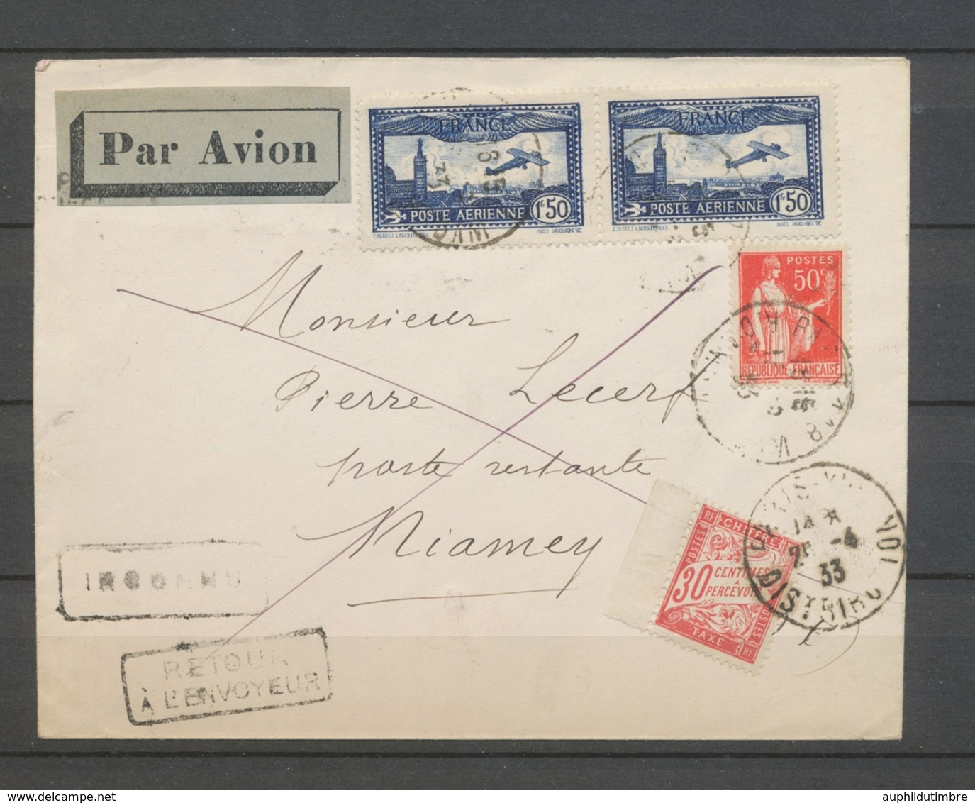1933 Env. PARIS-NIAMEY, PA Paire N°6 + 50c, Taxe 30c, Arrivée NIAMEY, SUP X5182 - Collections