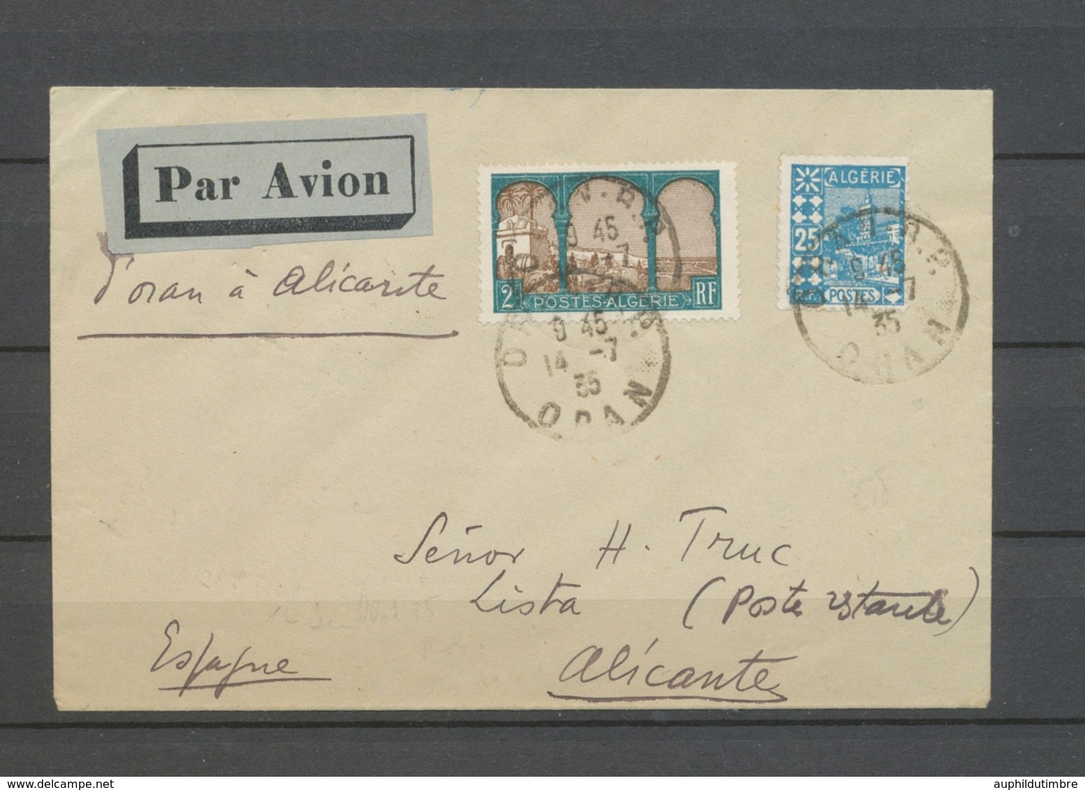 14.7.1935 Env ORAN-ALICANTE Obl Oran Càd ALICANTE, Saulgrain 216a, Rare TB X5186 - Collections