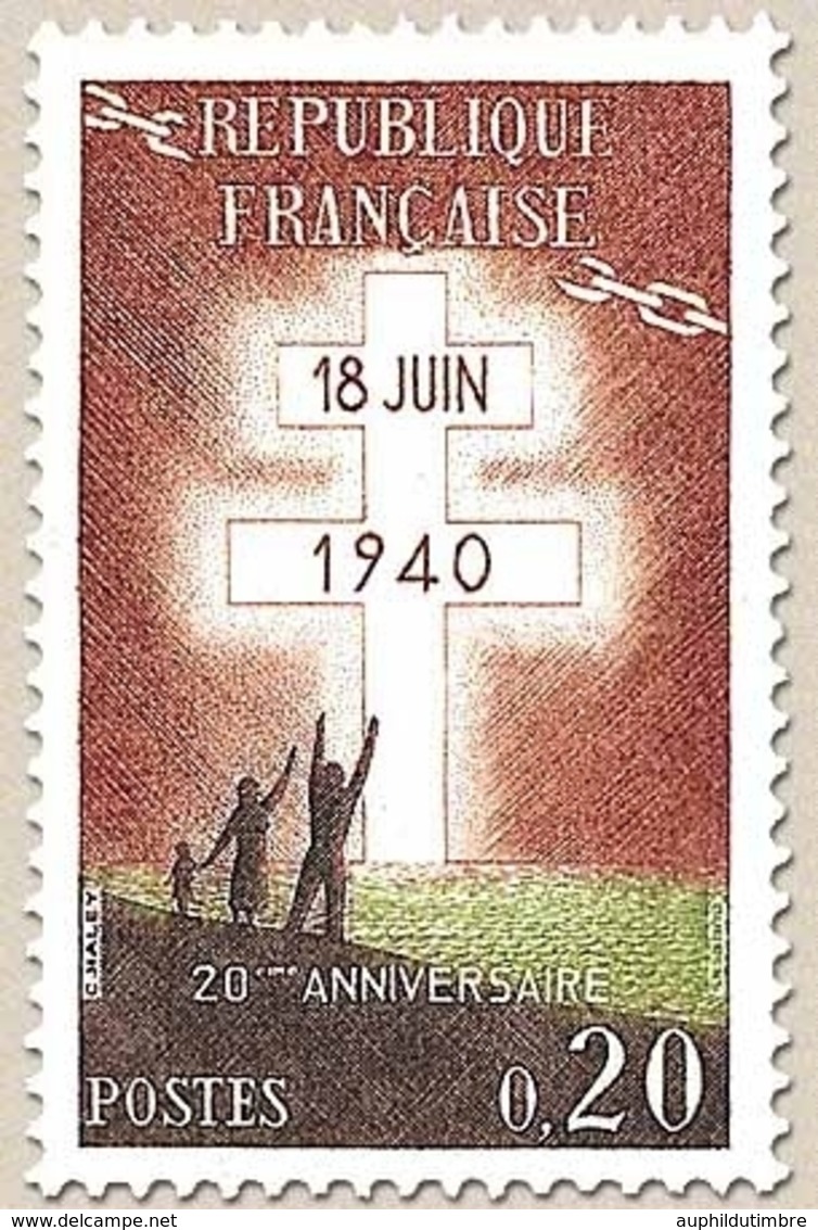 20e Anniversaire De L'Appel Du Général De Gaulle (18 Juin 1940) 20c. Brun-rouge, Vert Et Sépia Y1264 - Neufs