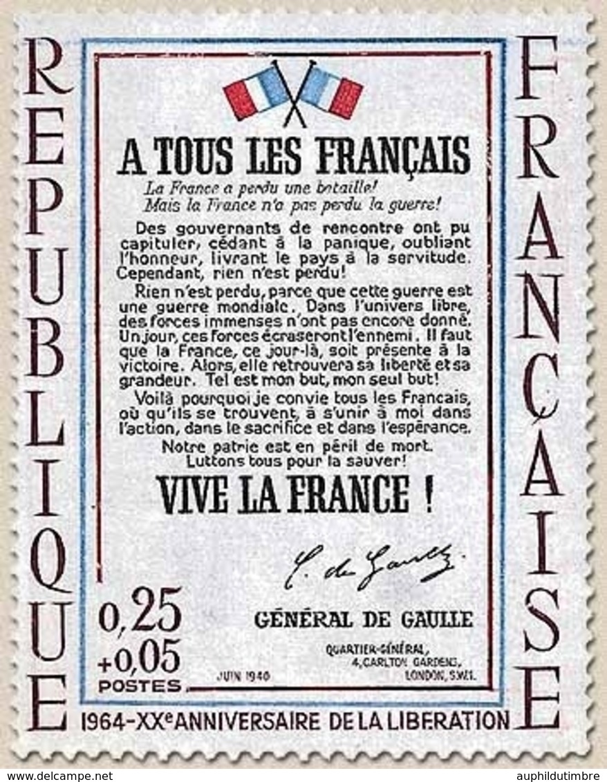 20e Anniversaire De La Libération. L'affiche A Tous Les Français.  25c. + 5c. Carmin, Bleu, Rouge Et Noir Y1408 - Neufs