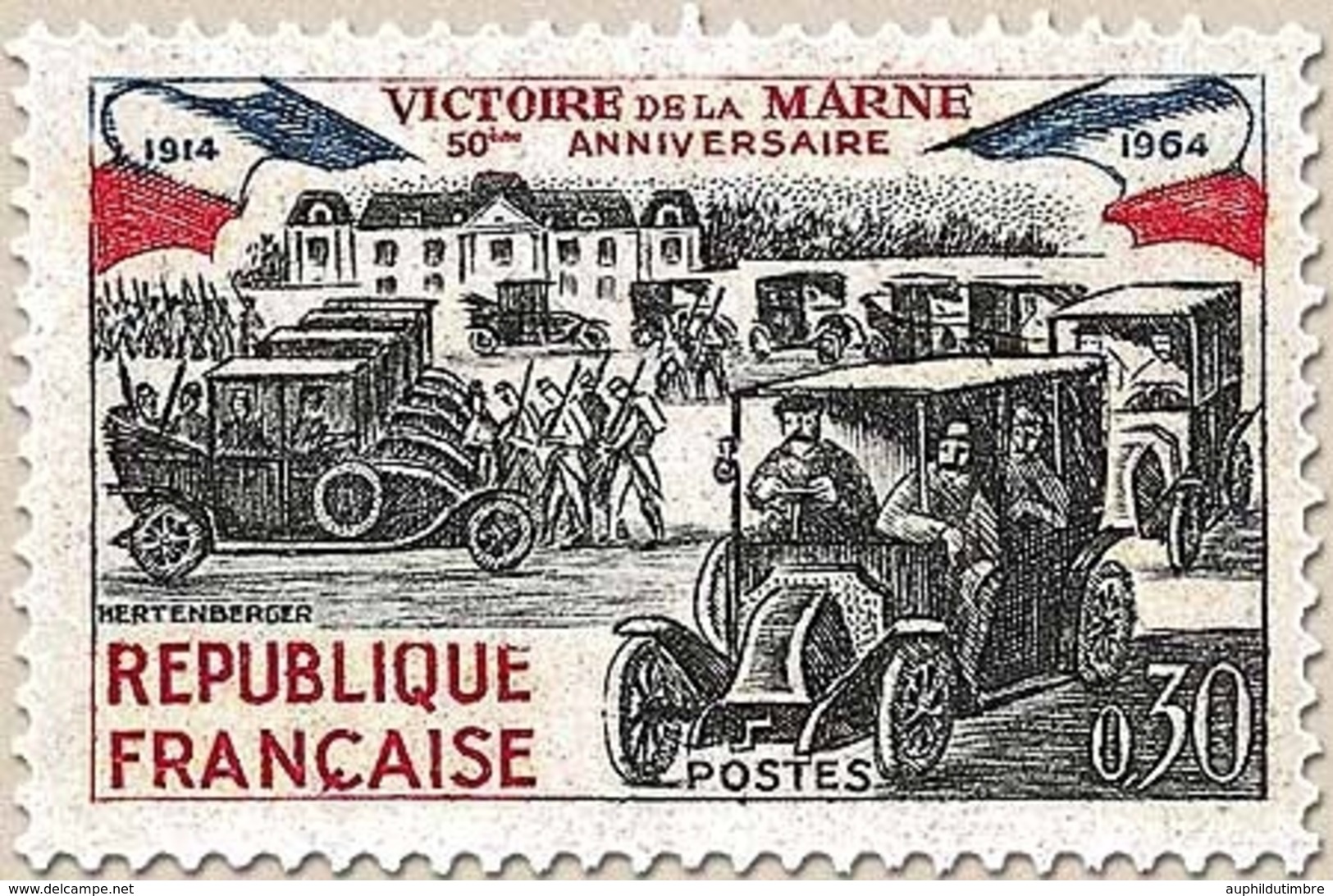 Cinquantenaire De La Victoire De La Marne. Le Rassemblement Des Taxis De La Marne. 30c. Noir, Rouge Et Bleu Y1429 - Neufs