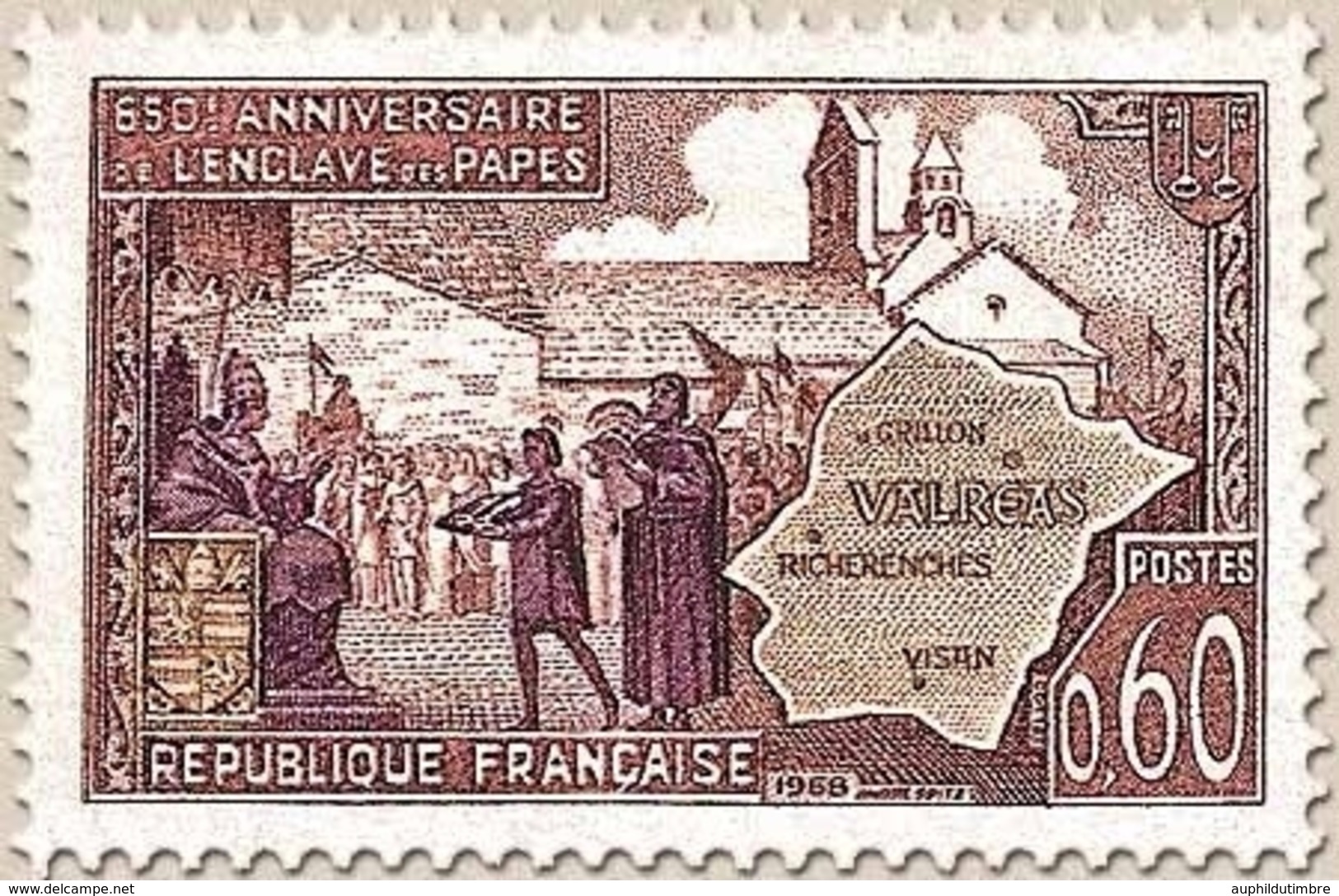 650e Anniversaire De L'enclave Papale De Valréas. 60c. Brun-lilas, Olive Et Violet Y1562 - Nuovi