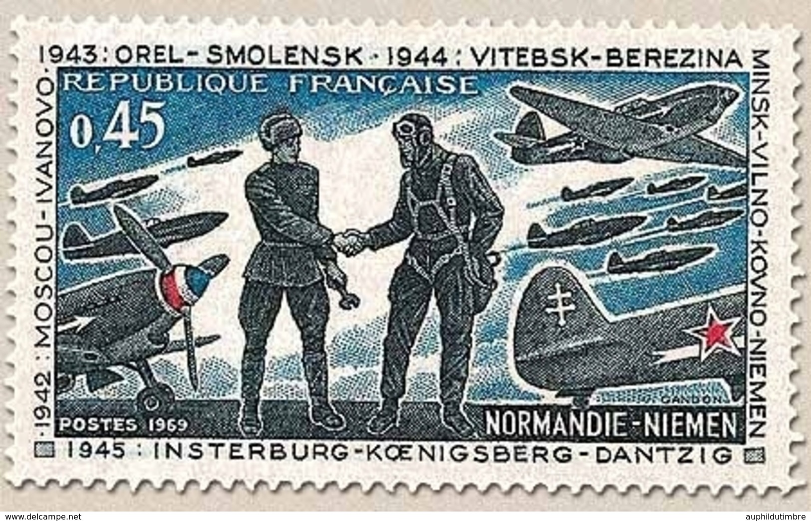 25e Anniversaire De La Libération. Escadrille Normandie-Niemen 45c. Ardoise, Bleu Et Rouge Y1606 - Nuovi