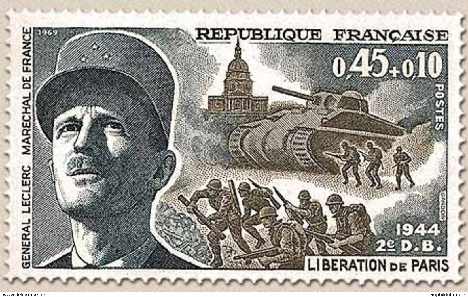 25e Anniversaire De La Libération. Libération De Paris Et Maréchal Leclerc 45c. + 10c. Gris-bleu Et Brun-olive Y1607 - Nuovi