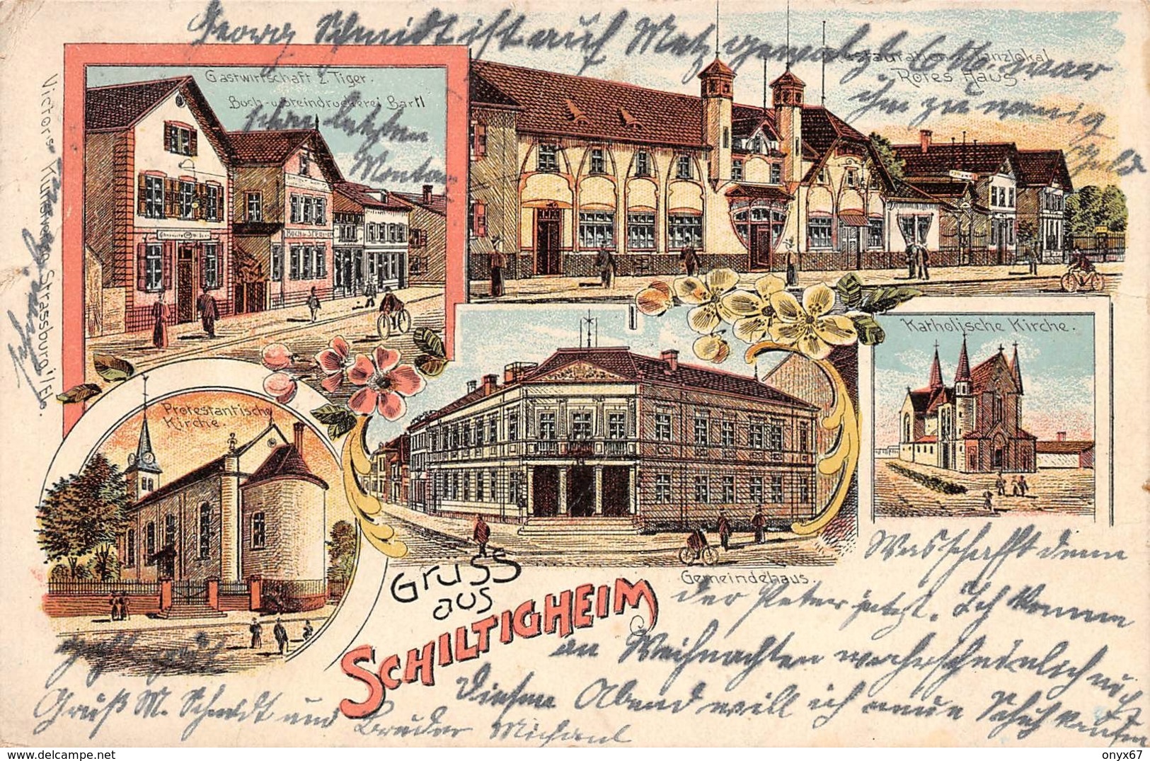 SCHILTIGHEIM (67-Bas-Rhin) Gruss Aus  Wirtschaft Zum Tiger  - Restaurant  - Lithographie Colorée-Dessin-dessinée 2 SCANS - Schiltigheim