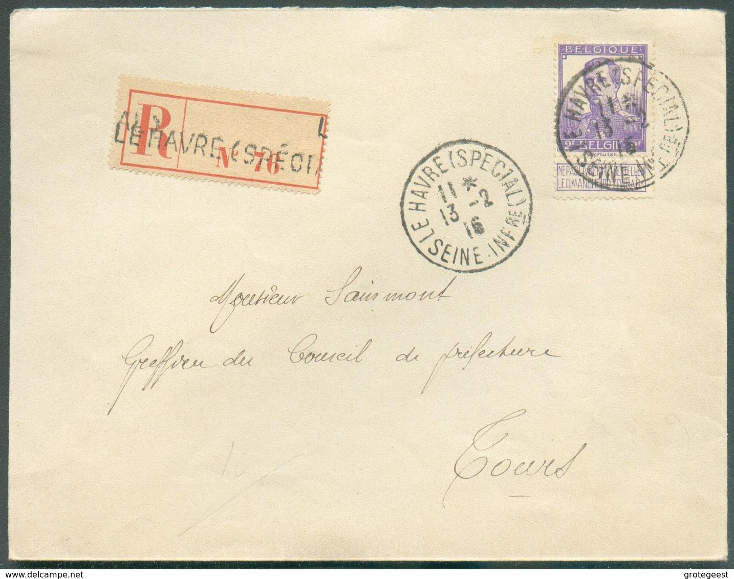 N°117 - 2Fr. PELLENS obl. Sc LE HAVRE (SPECIAL) sur Lettre Recommandée Du 13-2-1916 Vers Tours. COB 140 Euros. - Superbe - 1912 Pellens