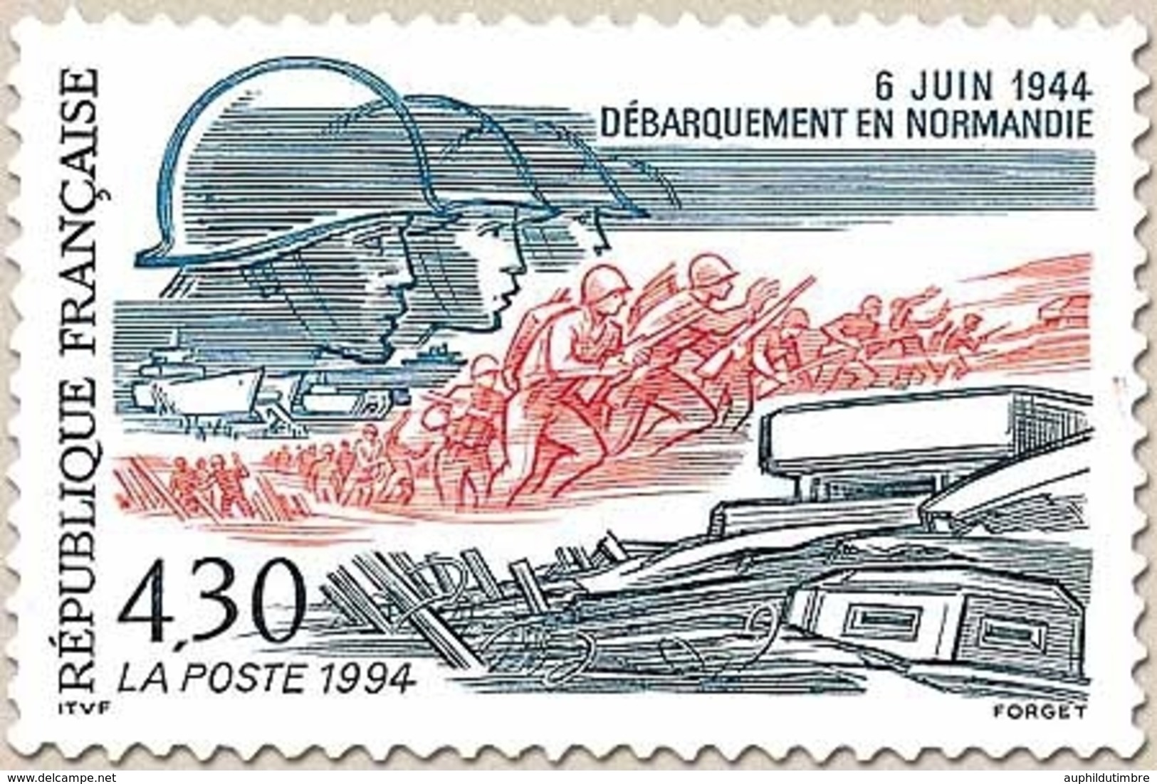 50e Anniversaire Du Débarquement Des Troupes Alliées En Normandie. Le Débarquement  4f.30 Bleu, Rouge Et Gris Y2887 - Ongebruikt