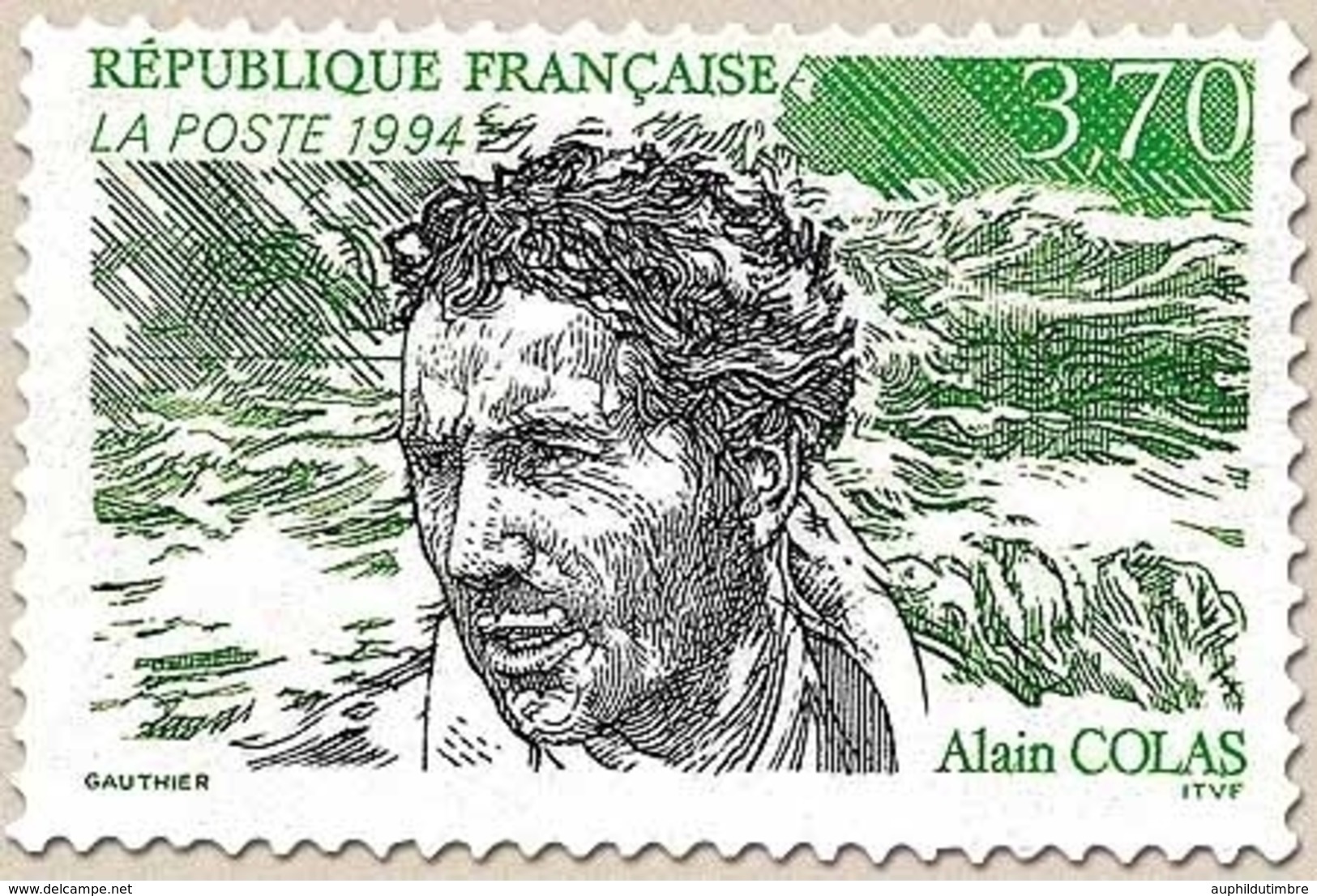 Hommage à Alain Colas (1943-1978) Portrait, Mer Déchaînée  3f.70 Vert Clair, Noir Et Vert Foncé Y2913 - Unused Stamps