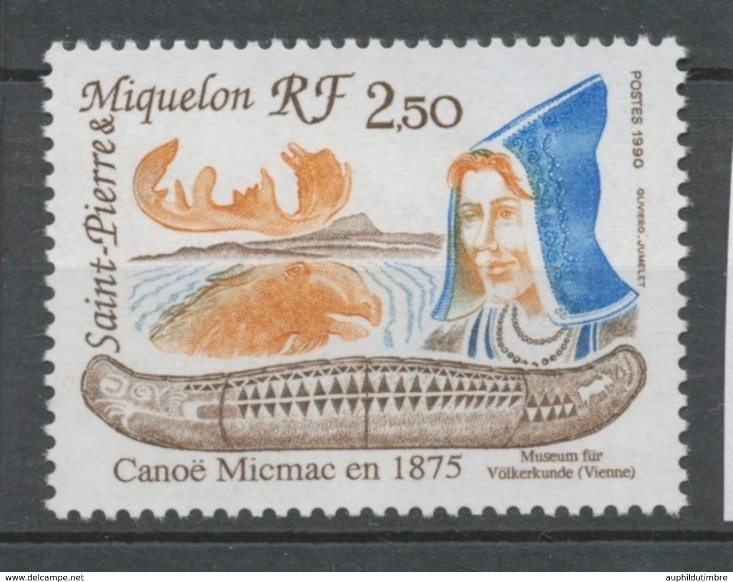 SPM  N°527 Canoë Micmac 1875 Canoë, Tête De Femme, Tête D'élan 2f50 Brun, Bleu, Brun-orange ZC527 - Neufs