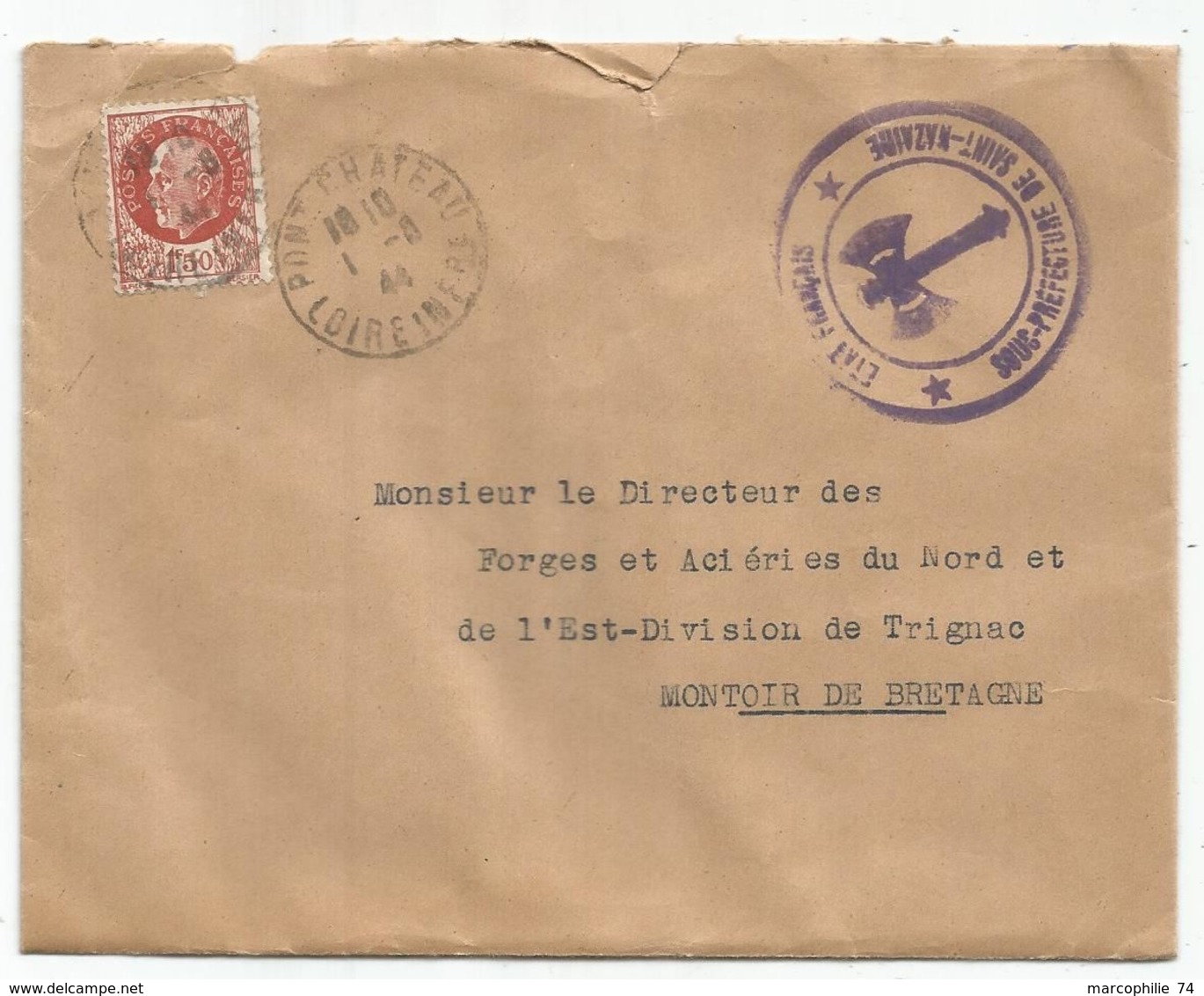 PETAIN 1FR50 LETTRE PONT CHATEAU 1.8.1944 LOIRE INFRE + CACHET VIOLET ETAT FRANCAIS SOUS PREFECTURE SAINT NAZAIRE - WW II