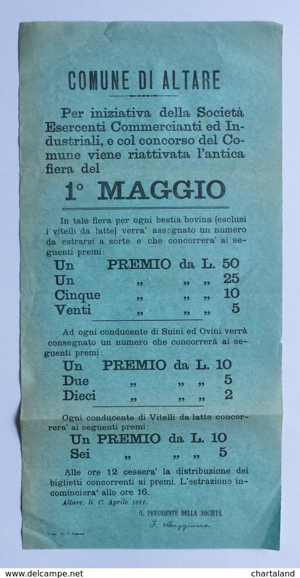 Comune Di Altare (Savona) - Fiera 1° Maggio - Volantino Lotteria A Premi - 1911 - Biglietti Della Lotteria