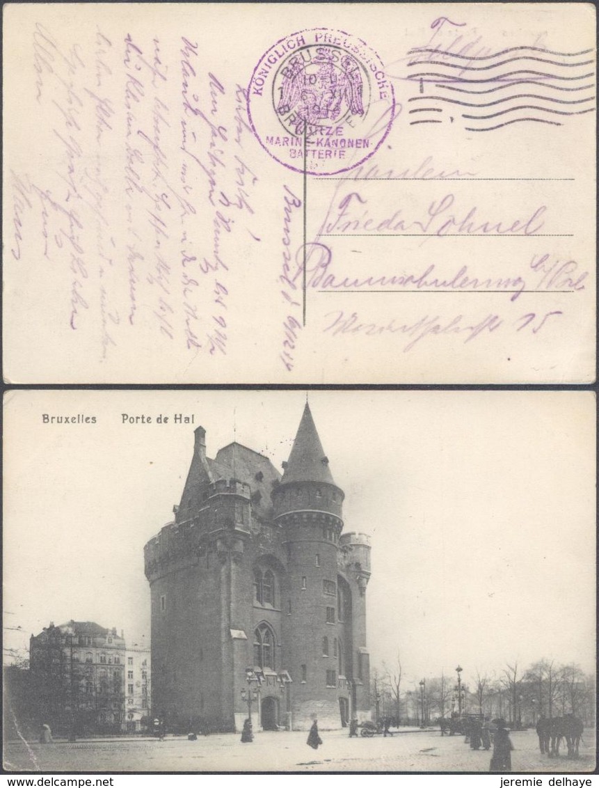 Bataillon Allemand - Feldpost (Bruxelles 1914) + Briefstempel "Königlich Preussische Kurze Marine-kanonen Batterie Nr.3" - Deutsche Armee