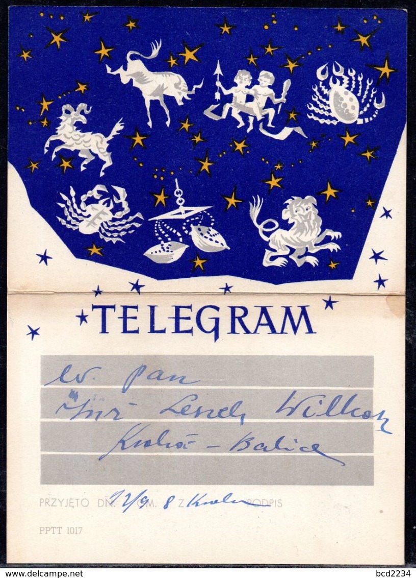 POLAND 1958 TELEGRAM SPECIAL OCCASION SIGNS OF THE ZODIAC TYPE 2 USED TÉLÉGRAMME TELEGRAMM MYTHICAL CREATURES ANIMALS - Astrologie