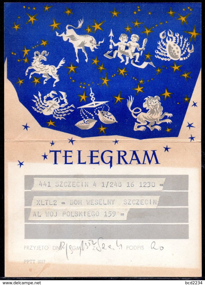 POLAND 1958 TELEGRAM SPECIAL OCCASION SIGNS OF THE ZODIAC TYPE 1 USED TÉLÉGRAMME TELEGRAMM MYTHICAL CREATURES ANIMALS - Covers & Documents