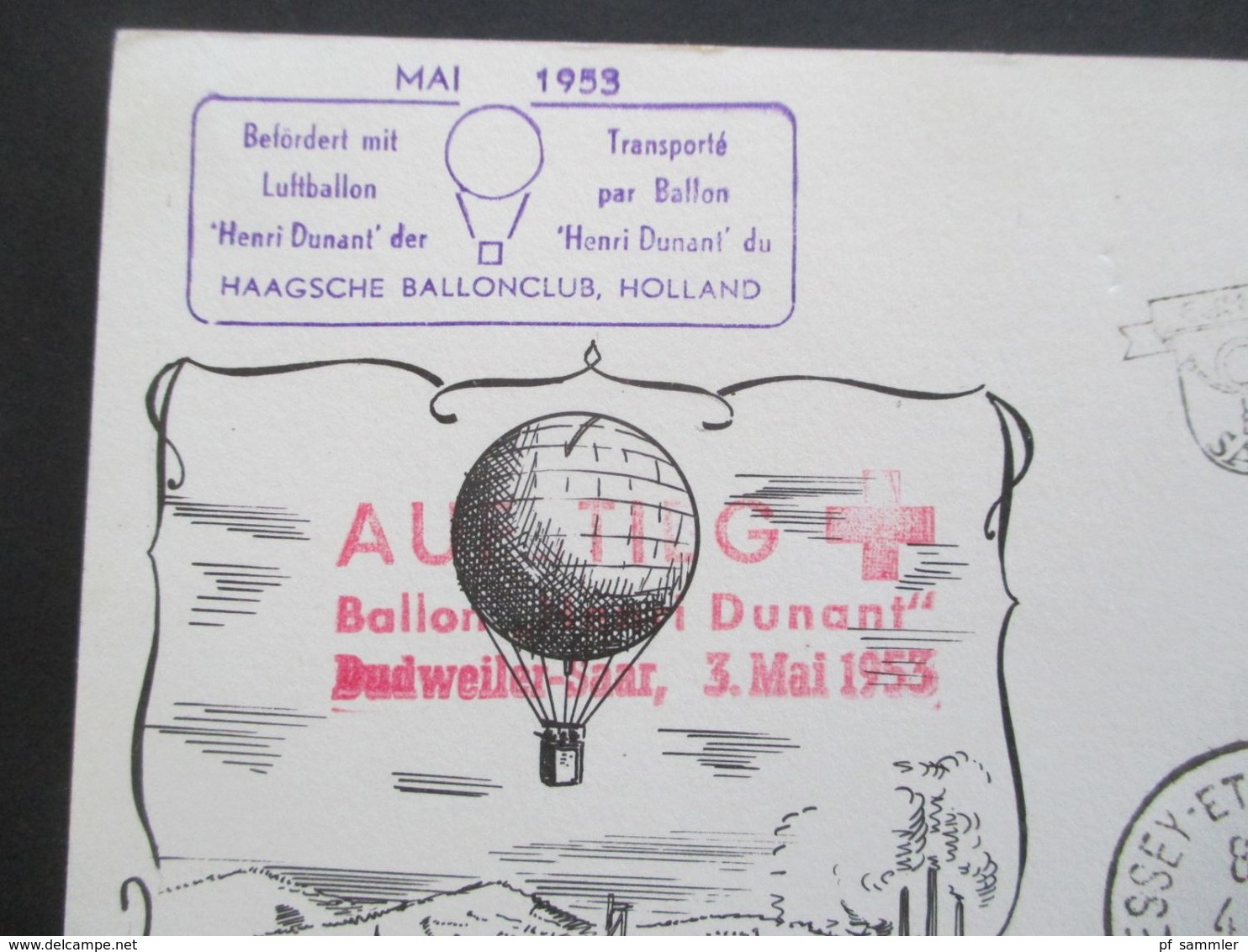 Saargebiet 1953 Sonderkarte Rote Kreuz Ballonfahrt Ballon Henri Dunant Stp. Essey Et Maizerais Nach Berlin Gesendet - Lettres & Documents