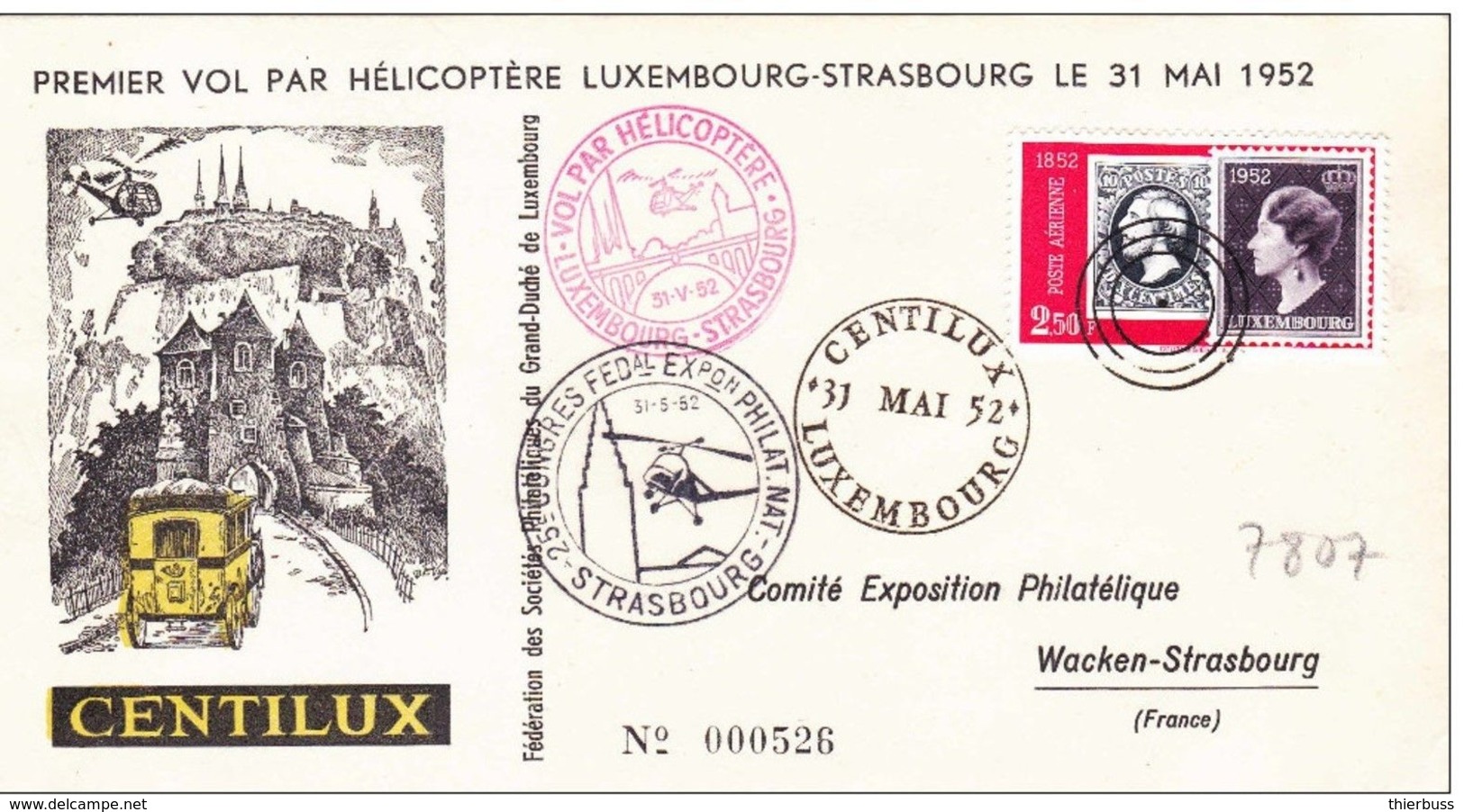 Strasbourg 1952 Premier Transport International Par Helicoptere Luxembourg Strasbourg 31 Mai Centilux - Cartas & Documentos