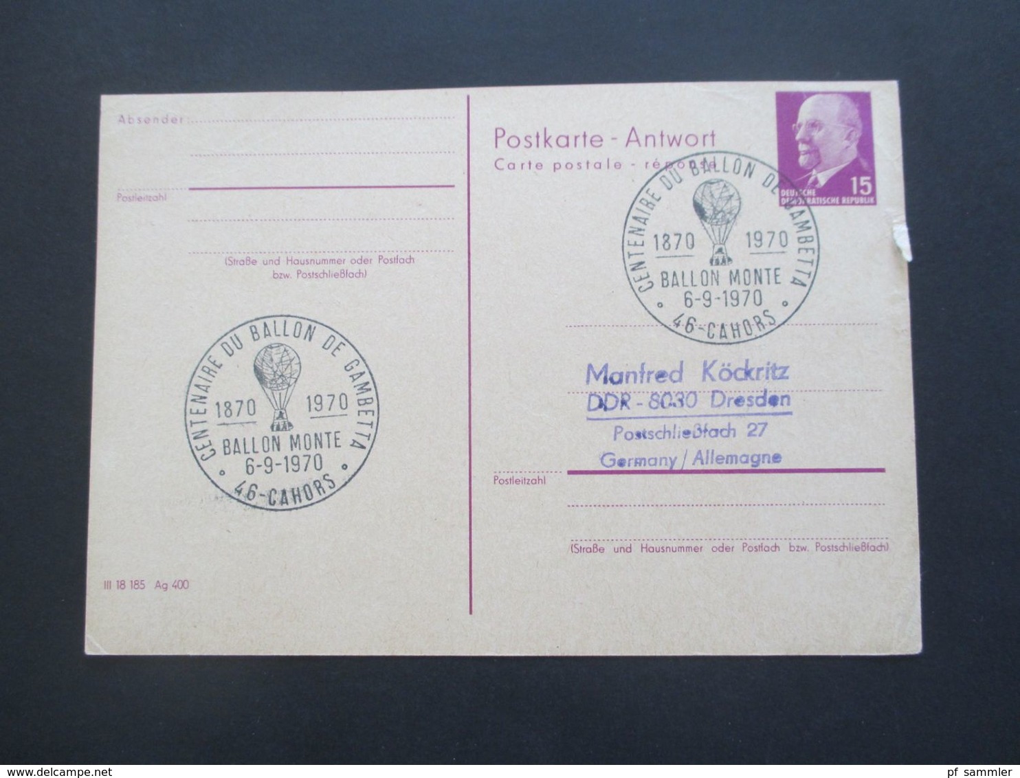 DDR 1966 Verwendet 1970 Ulbricht GA P 78 A Antwort - Reponse Mit SST Centenaire Du Ballon De Gambertta Ballon Monte - Storia Postale