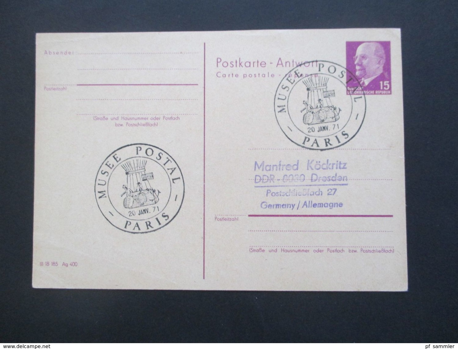 DDR 1966 Verwendet 1971 Ulbricht GA P 78 A Antwort - Reponse Mit SST Musee Postal Paris Ballonpost Stempel - Covers & Documents