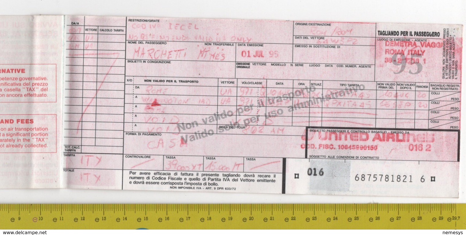 1995 IATA Passenger Ticket - Rome/Washington United Airlines SEE 4 SCANS - Welt