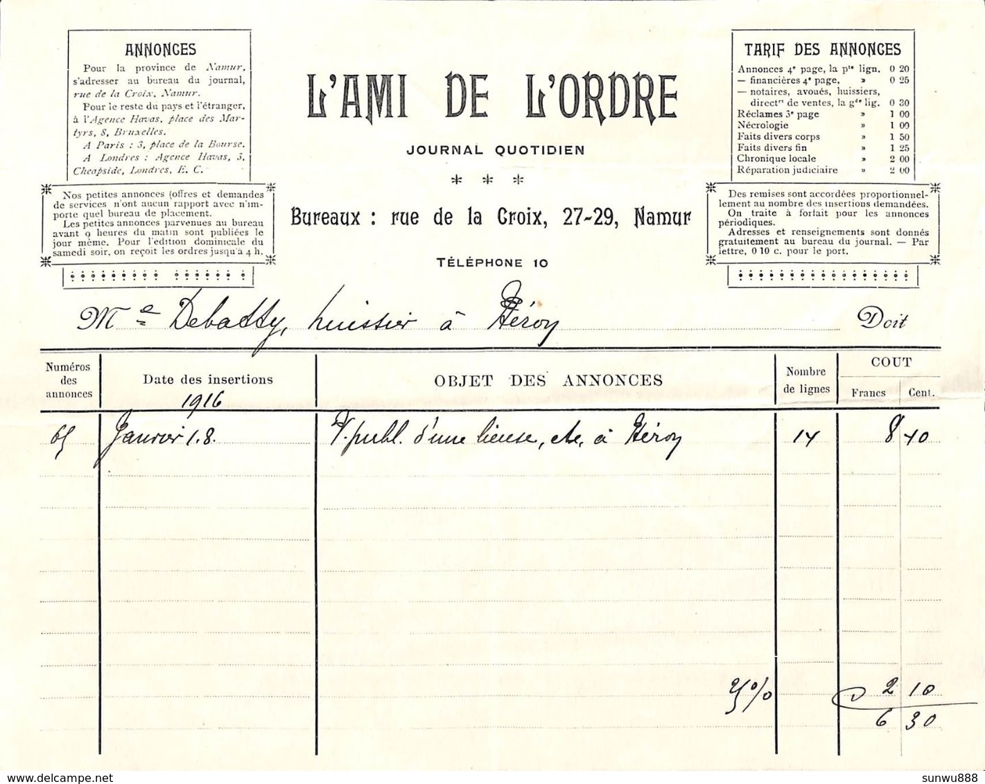 L'Ami De L'Ordre - Journal Quotidien 1916  (annonce Vente Héron ...) - 1900 – 1949