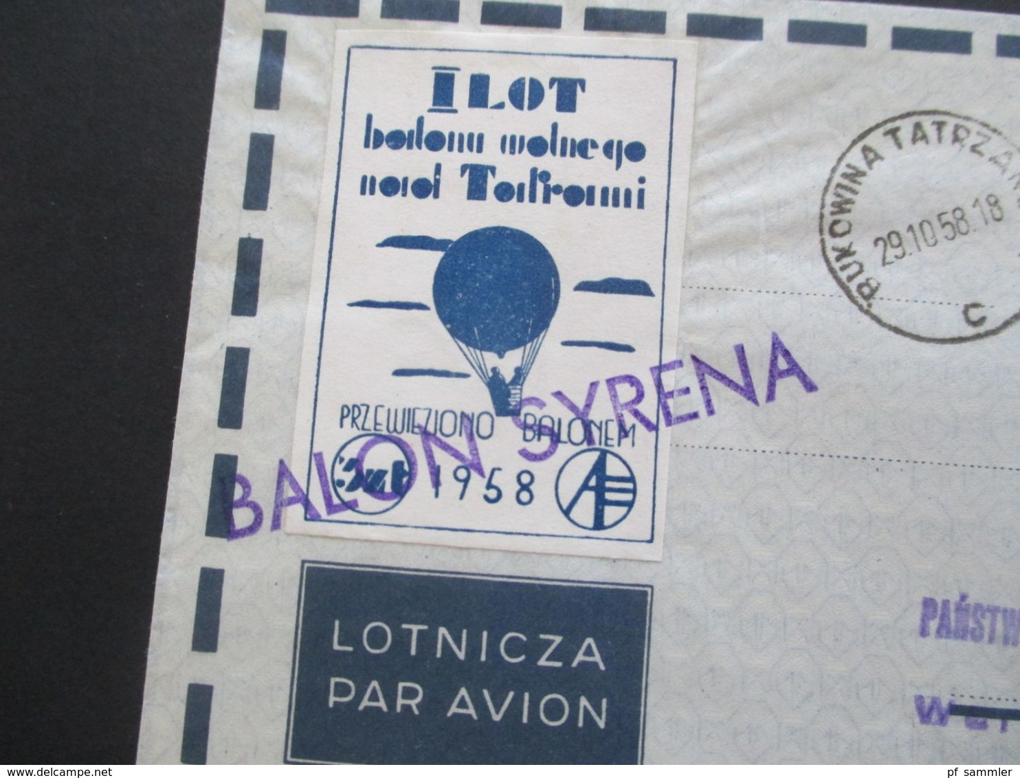 Polen 1958 Luftpost Vignette Przewieziono Balonem Stempel L1 Balon Syrena - Covers & Documents