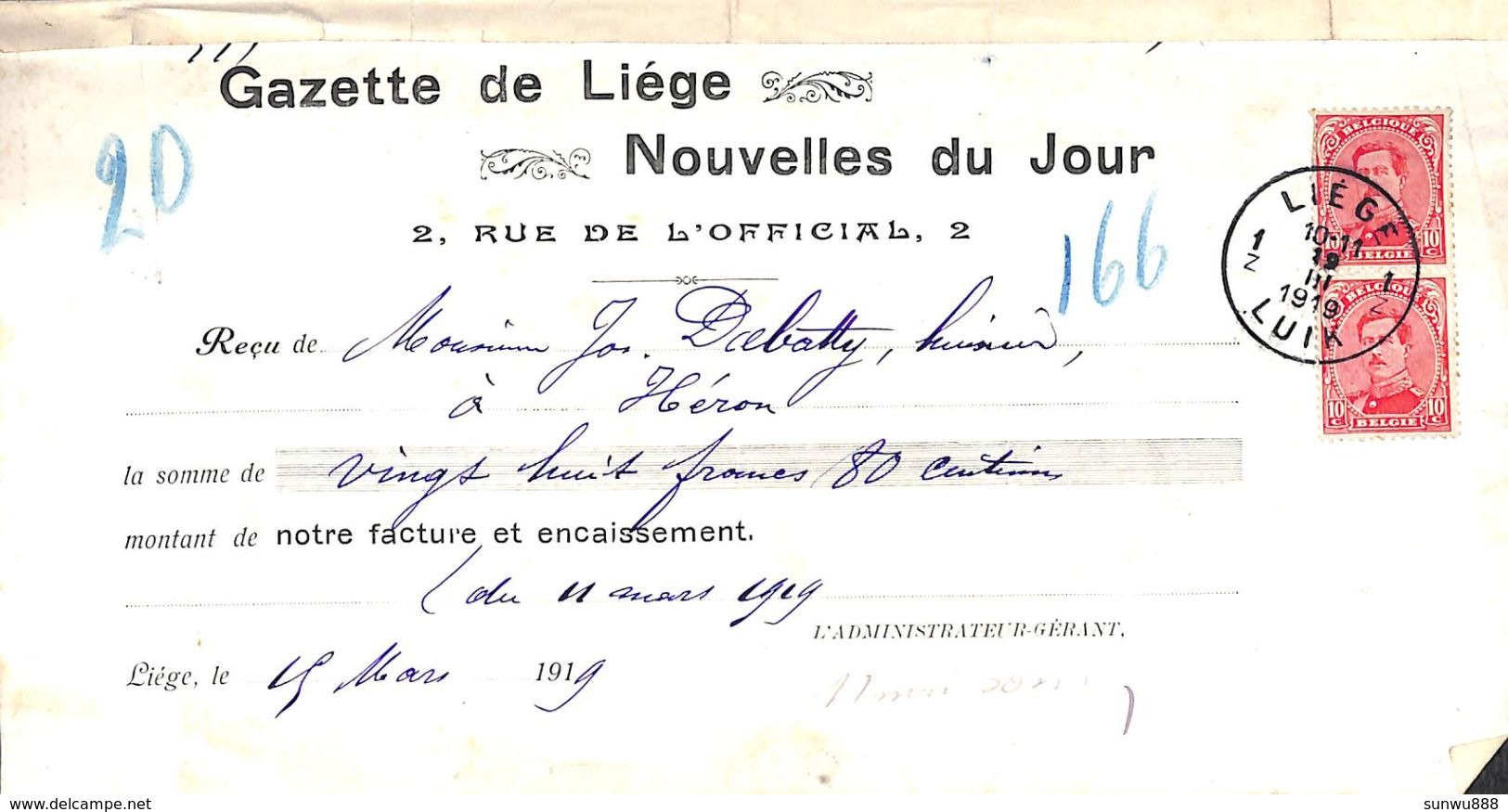 Gazette De Liège- Nouvelles Du Jour Timbres 1919 2 Scans, Voir Dos (pour Héron) - 1900 – 1949