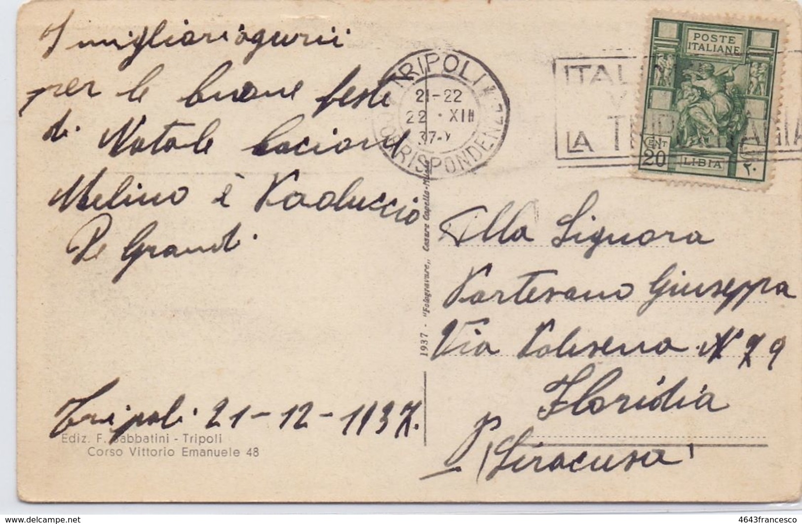 1937 Cartolina Da TRIPOLI Palazzo INA Per Floridia( SR )  - CT - Tripolitaine