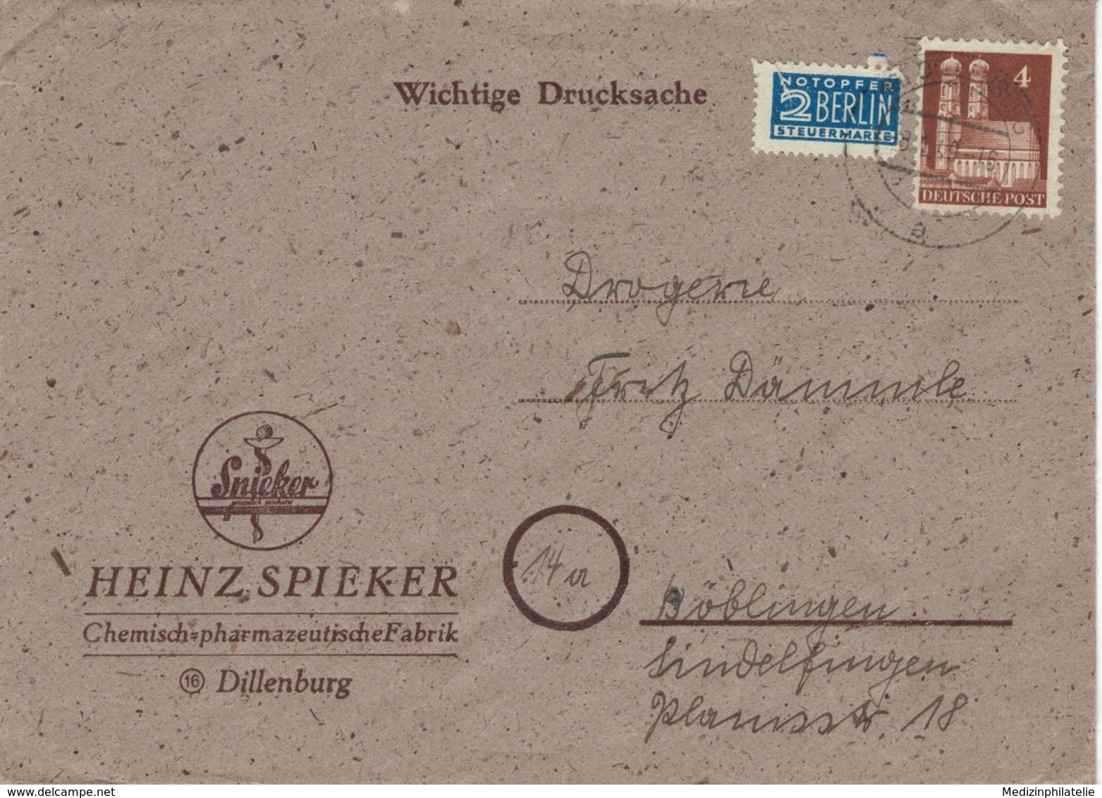 Heinz Spieker Dillenburg - Notopfer Berlin - 1949 - Frauenkirche München - Drucksache - Pharmazie