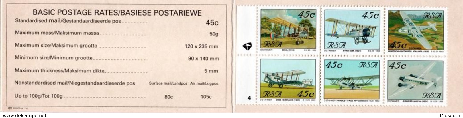 South Africa - 1993 Aviation Booklet Pane 4 (**) # SG SB24 - Booklets