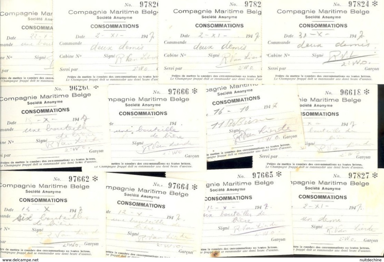 COMPAGNIE MARITIME BELGE Ensemble De 25 Tickets De Consommations 1947 - Barcos