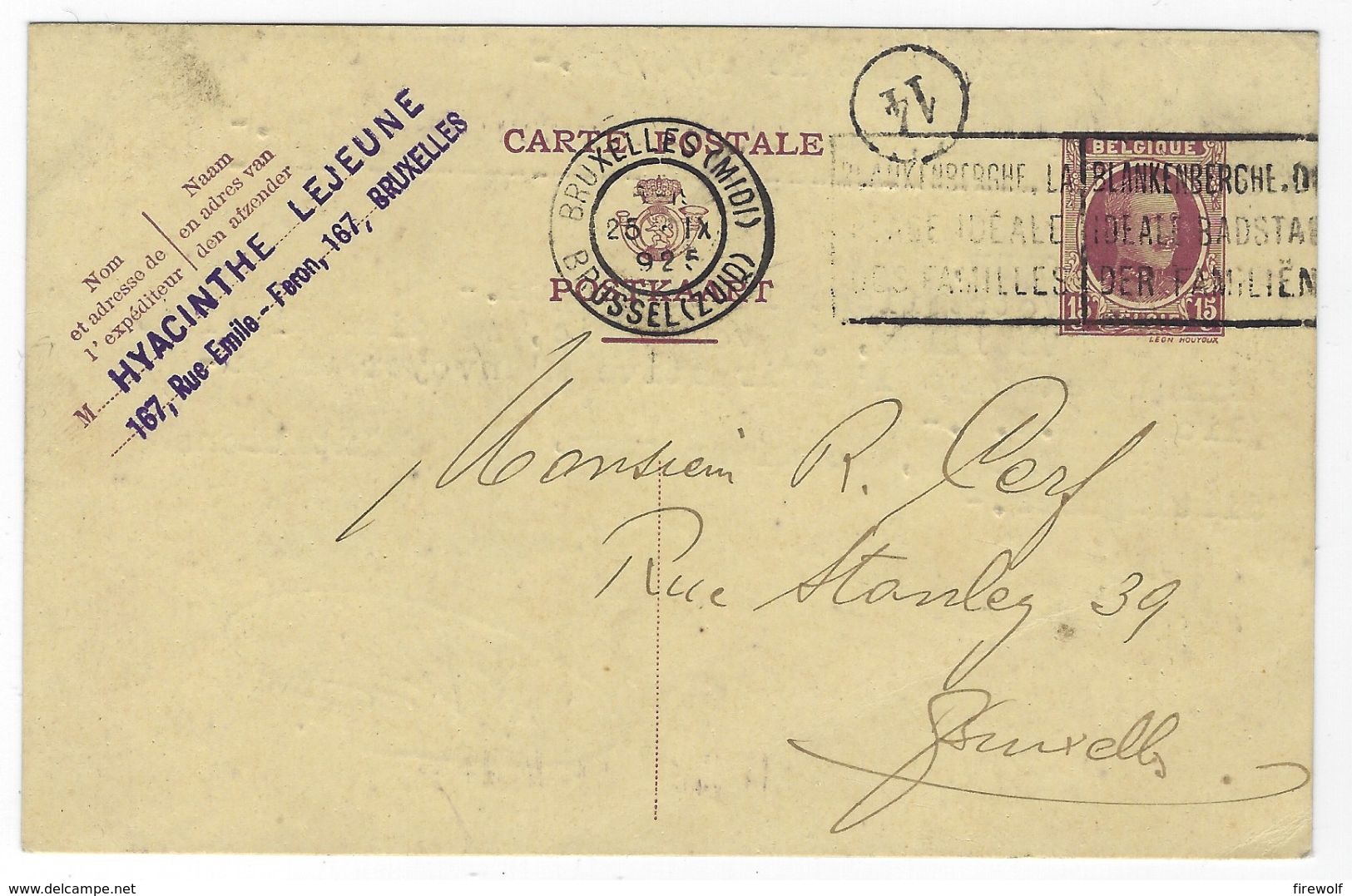 W01 - Belgium - 1924 - Postal Stationery Houyoux 15c - Used 1925 Bruxelles Midi / Brussel Zuid - Flag Blankenberghe - Postcards 1909-1934