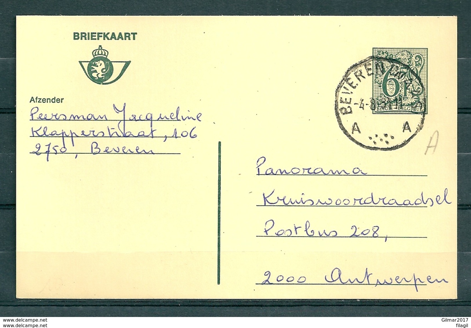 Postkaart Van Beveren (waas) Naar Antwerpen - Covers & Documents
