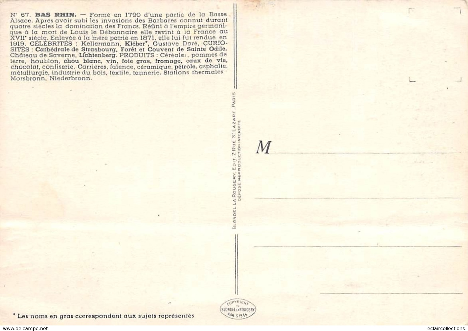 Non Localise. Divers Alsace    67        Carte Géographique Du Département    (voir Scan) - Autres & Non Classés