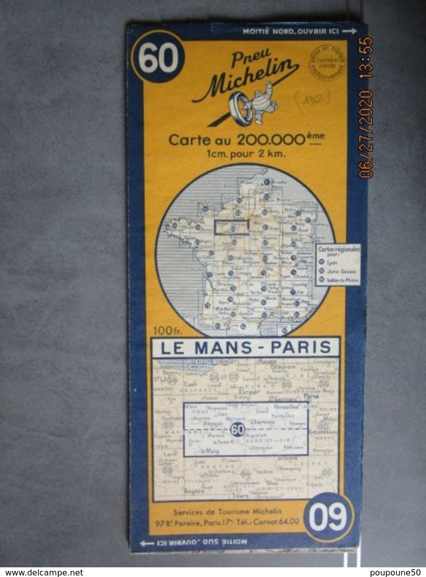 Carte Routière MICHELIN N:60 édition De 1951 LE MANS - PARIS - Strassenkarten