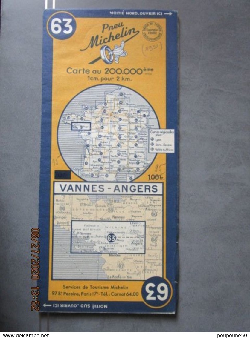 Carte Routière MICHELIN N: 63 - VANNES - ANGERS édition De 1951 - Callejero