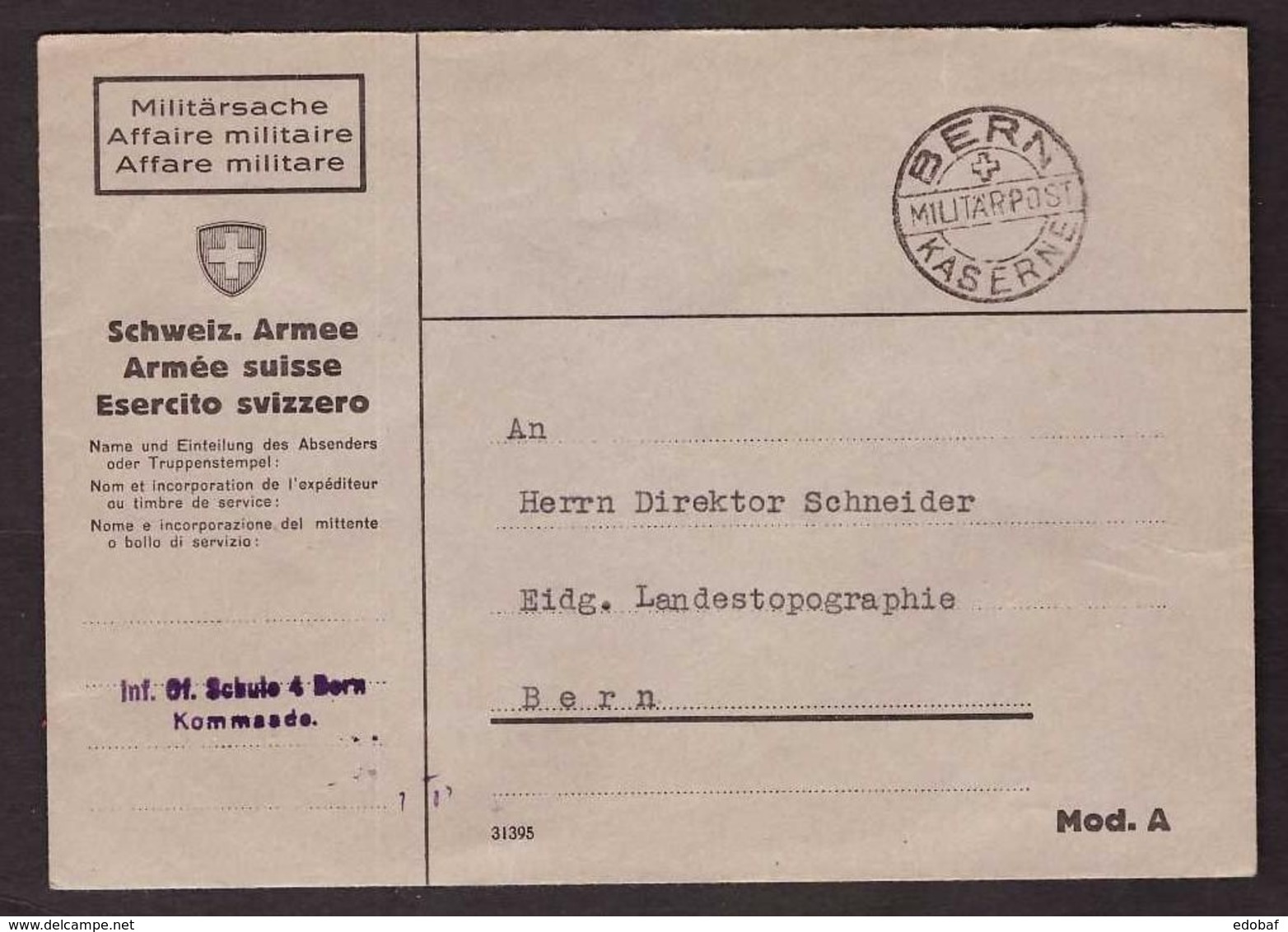 Switzerland, Undated Service Cover With Bern Kaserne Miltar Post Cancel    -K94 - Abstempelungen