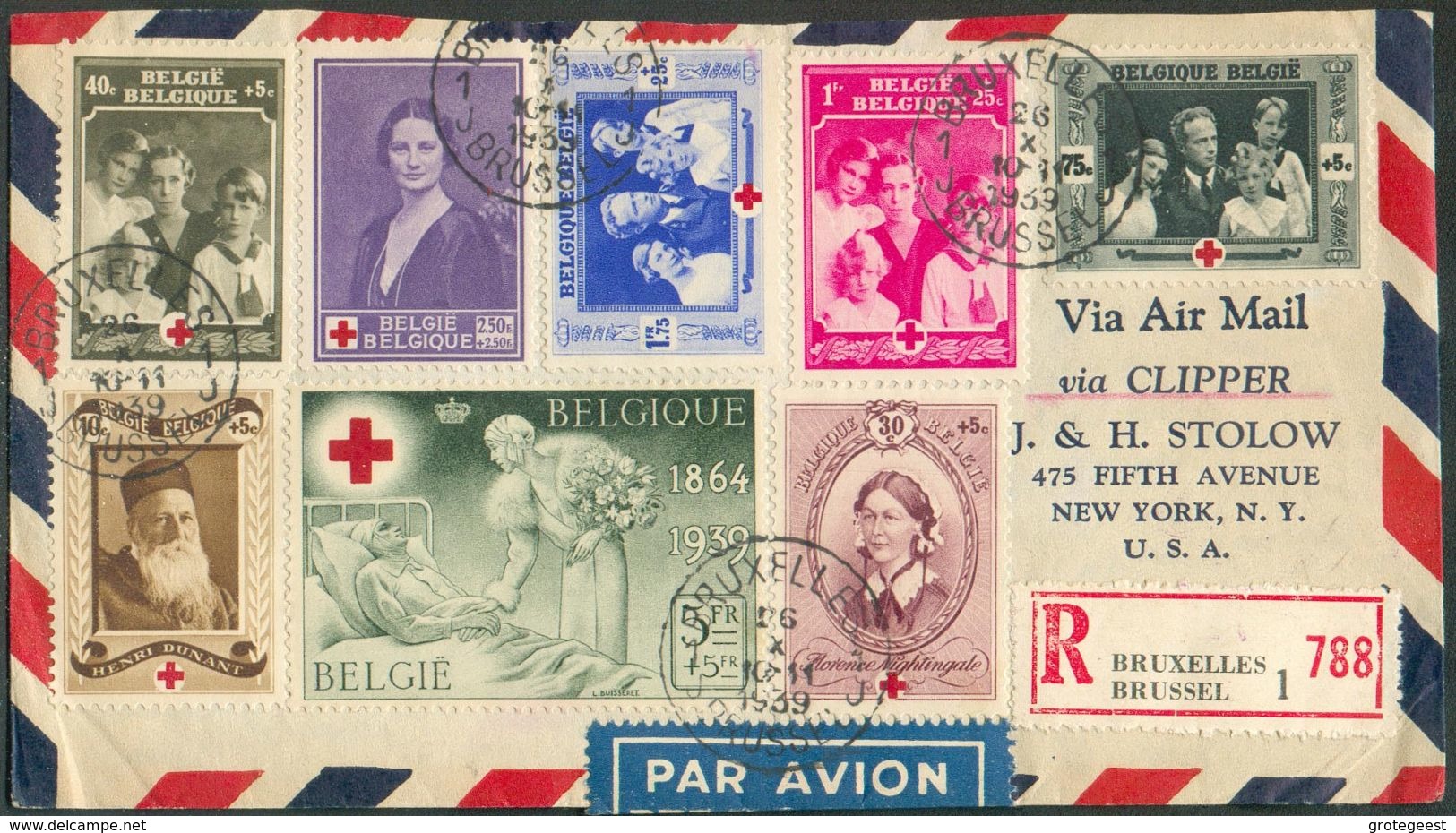 N°493/503 - Série 75ème ANNIVERSAIRE De La CROIX-ROUGE obl. Sc BRUXELLES 1 sur Lettre Recommandée Et Par Avion (Etiq.) D - Covers & Documents